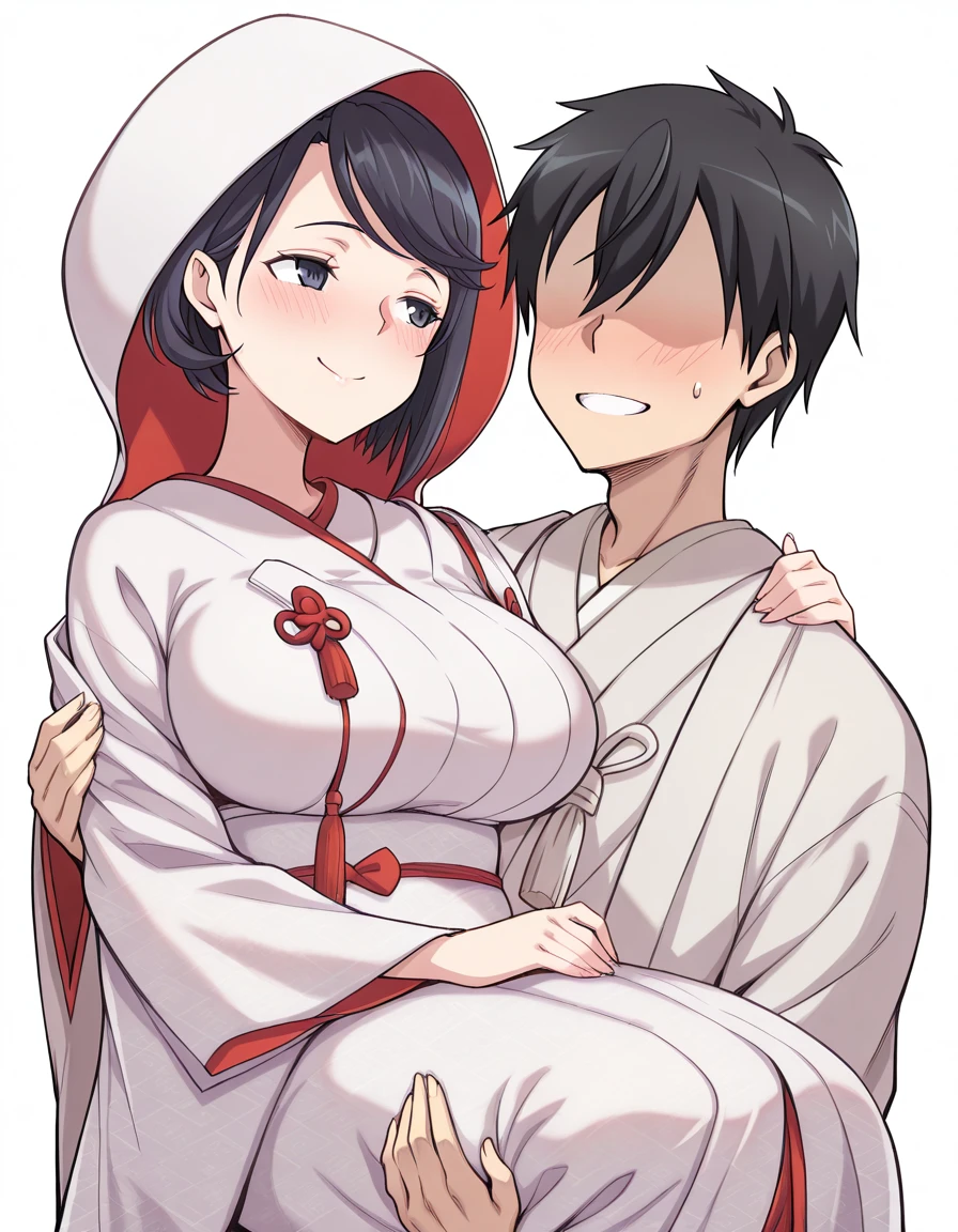 masterpiece, best quality, amazing quality,, <lora:papuka-yoko-manga-illustriousxl-lora-nochekaiser:1>, yoko, short hair, black hair, swept bangs, black eyes, mature female, breasts,, <lora:uchikake-illustriousxl-lora-nochekaiser:1>, uchikake, wataboushi, shiromuku, white kimono, hooded kimono, bride, japanese clothes, hood,, <lora:princess-carry-illustriousxl-lora-nochekaiser:1>, princess carry, hetero, carrying, looking at another, smile, blush,, <lora:kirito-illustriousxl-lora-nochekaiser:0.7>, kirito, 1boy, black hair,no eyes,,