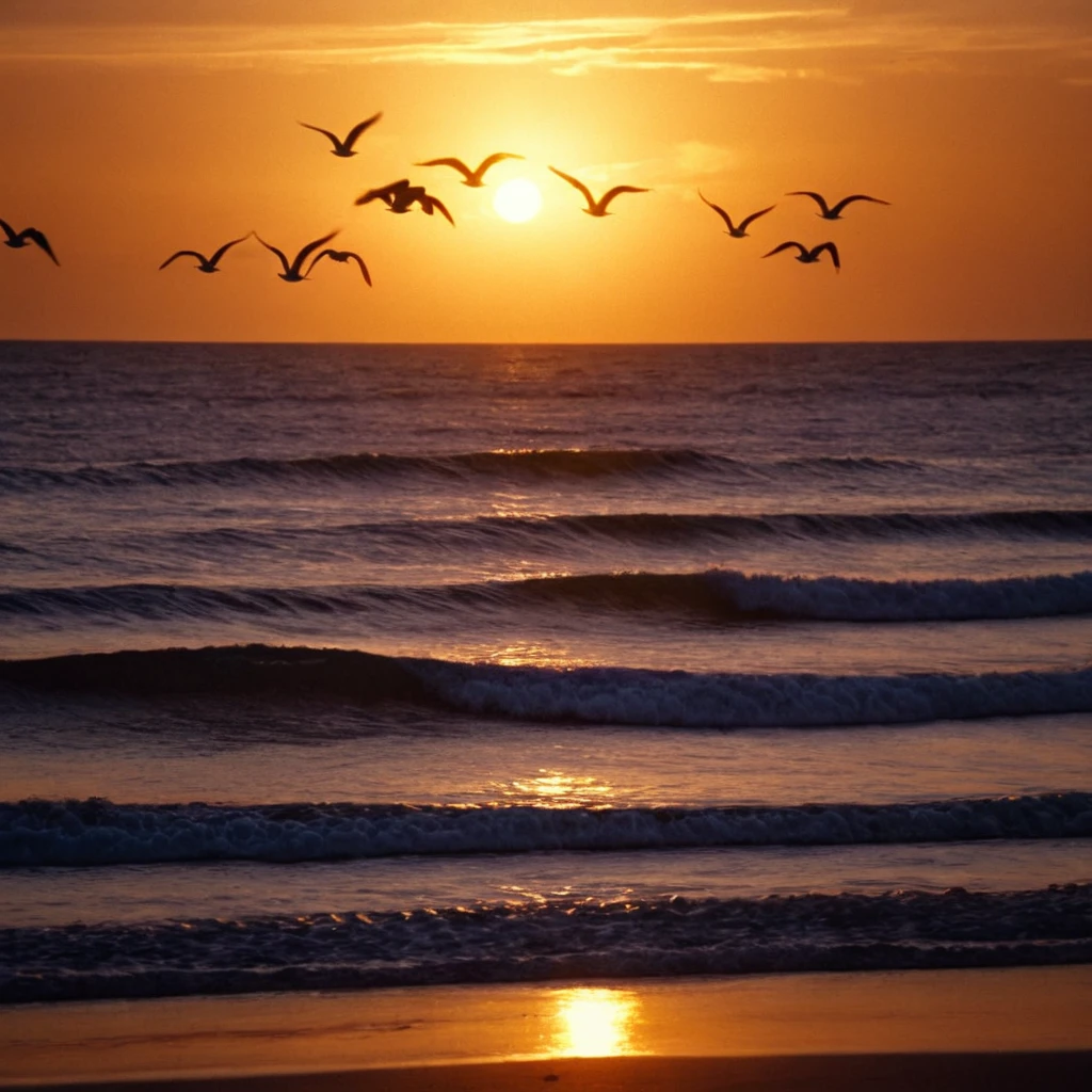 cinematic film still of <lora:warm light style illu v1:1>
3200k, A beautiful cinematic warm light scene of a flock of birds flying over the ocean at sunset, golden hour, movie themed, sharp, detailed, epic cinematic photography cinematography style, artistic, dramatic light, cinematic color style, Kodak, 35mm film style, 3200k lighting style, warm light style, outdoors, sky, cloud, water, no humans, bird, ocean, scenery, lens flare, flying, sunset, sun, horizon, orange sky, flock, beach, sunlight, silhouette, seagull, orange theme, shallow depth of field, vignette, highly detailed, high budget, bokeh, cinemascope, moody, epic, gorgeous, film grain, grainy