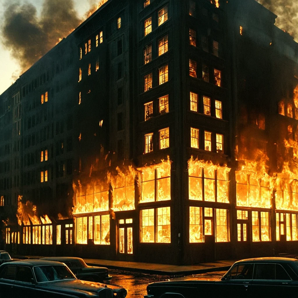 1920s commercial illustration of <lora:volumetric lighting style illu:1>
a cinematic fire is raging through a building at night, detailed background, perfect image, perfect body, perfect anatomy, sharp image, detailed image, contrast, Kodak film, high quality photography, cinematic photography style, Volumetric lighting style, Sunbeam style, crepuscular rays style, god rays style, cinematic rays style, no humans, night, fire, building, scenery, silhouette, dark, burning, city, 6+others, outdoors, window, wings, destruction, people, Volumetric fire light, magazine cover illustration from the 1920's, exaggerated realism, a hint of caricature