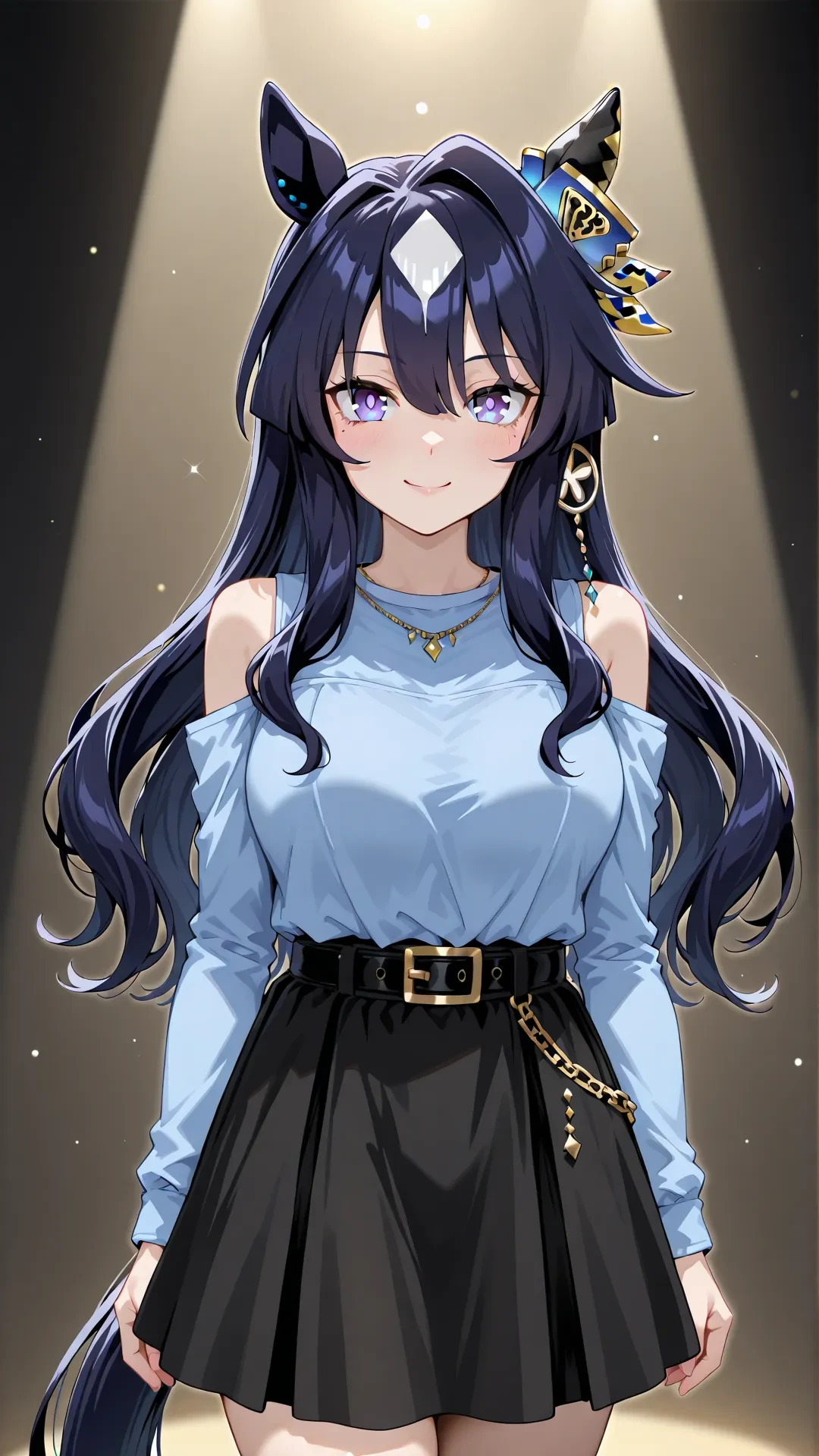 verxina \(umamusume\),large breasts,horse ears,animal ears,horse girl,long hair,hair between eyes,dark blue hair,mole under eye,purple eyes,horse tail,blue eyes,
casual,bare shoulders,belt,black belt,black skirt,buckle,jewelry,long sleeves,off shoulder,blue shirt,shirt,shoulder cutout,skirt,
<lora:Verxina:0.8>,
cowboy shot,spotlight,smile,looking at viewer,pose,
