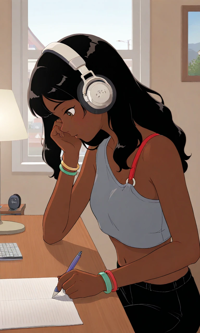 solo,1girl,very dark skin,long hair,black hair,brown eyes,single-shoulder shirt,grey shirt,crop top,navel,bracelet,black pants,o-ring straps,lofi,from side,arm on own face,profile,window,sitting,table,writing,lamp on table,headphones on head
