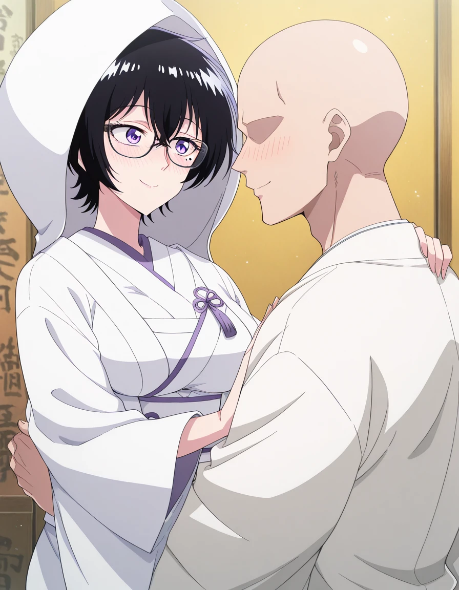 masterpiece, best quality, amazing quality,, <lora:reiko-kujirai-alpha-illustriousxl-lora-nochekaiser:1>, reiko kujirai, short hair, black hair, purple eyes, glasses, mole, mole under eye, mature female, breasts, anime screencap, <lora:uchikake-illustriousxl-lora-nochekaiser:1>, uchikake, wataboushi, shiromuku, white kimono, hooded kimono, bride, japanese clothes, hood,, <lora:princess-carry-illustriousxl-lora-nochekaiser:1>, princess carry, hetero, carrying, looking at another, smile, blush,, faceless male, faceless, bald,,