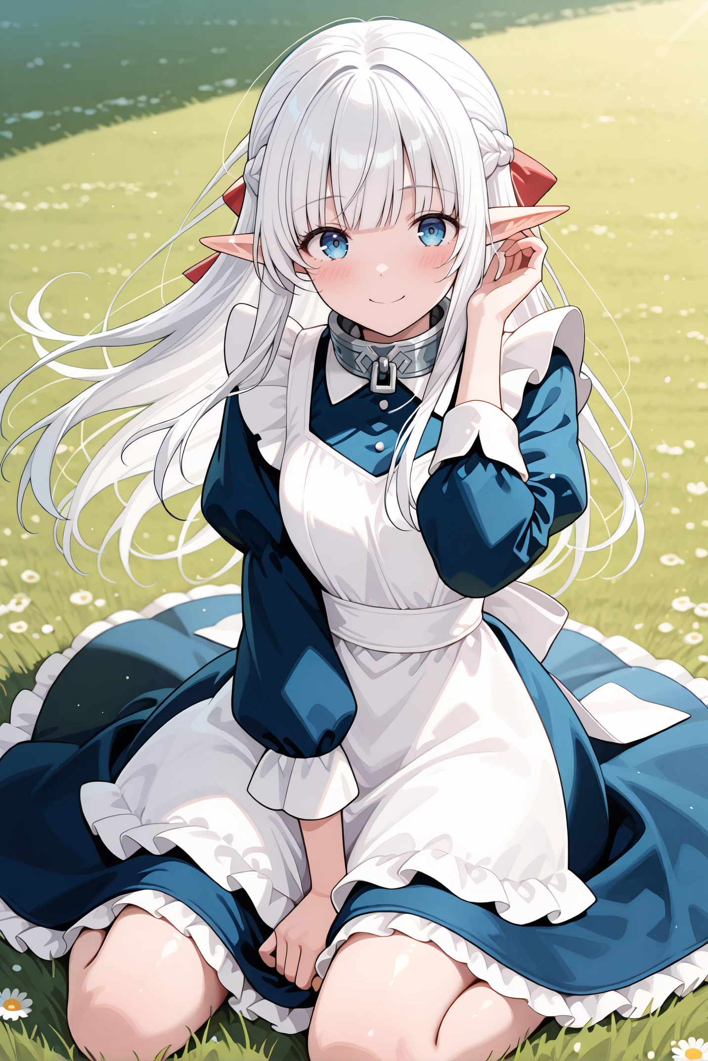 masterpiece, best quality, very aesthetic, absurdres, ultra-detailed, highly detailed, shiny skin, (wind lift:1.2), blush, (long dress:1.2), full body, (wariza:1.2), legs apart, arm between legs, floating hair, blush, (hand in own hair:1.2), tucking hair,
meadow, wind, outdoors, smile, looking at viewer, sitting, on grass,
<lora:Nephelia-08:1> nephelia, 1girl, long hair, white hair, braid, pointy ears, french braid, elf, blue eyes, ribbon, apron, sidelocks, dress, bow, hair ribbon, maid, hair bow, frills, blunt bangs, blue dress, white apron, collar, red bow, metal collar,
<lora:illustrious_noobai_epsilon_pred_11_very_aesthetic_v1_1029791:1>
(lazypos:0.7)
