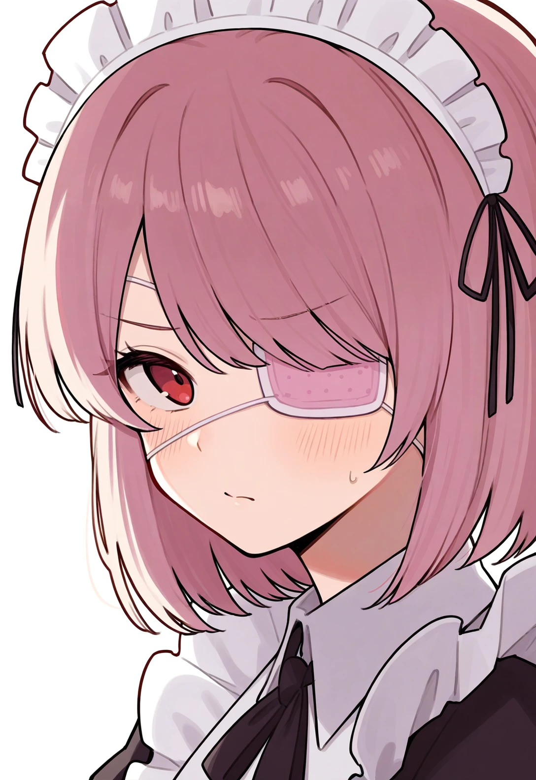masterpiece, best quality, 1girl, <lora:Left Eye Eyepatch-outfit-illustrious:0.65> leftsydeypat, eyepatch, pink eyepatch, close-up, red eyes, maid,
