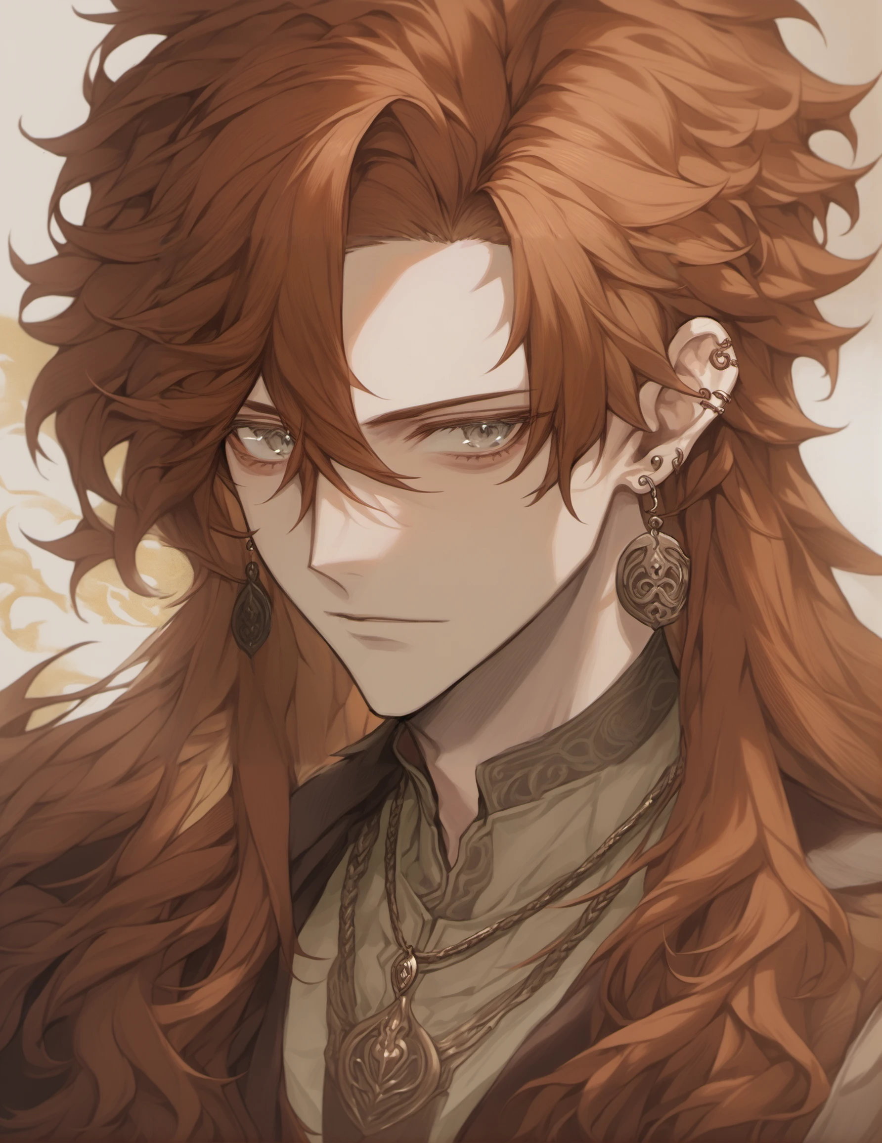 masterpiece, very aesthetic, absurdres, Tanis Half-Elven, solo, looking at viewer, pointy ears, half-elf, auburn hair, long hair, curly hair, 1boy, jewelry, cape, upper body, male focus, earrings, necklace, grey eyes, tattoo, facial hair, portrait, beard, mature male, brown tunic, fantasy painting, <lora:TanisXL:1>