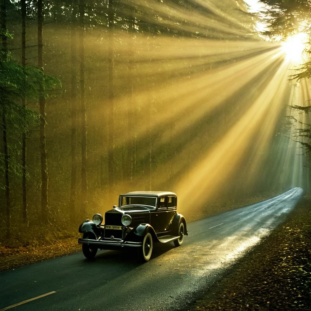 1920s commercial illustration of <lora:volumetric lighting style pony v1:1>
cinematic car driving down a foggy road in the woods with volumetric headlight, detailed background, perfect image, perfect body, perfect anatomy, sharp image, detailed image, contrast, Kodak film, high quality photography, cinematic photography style, Volumetric lighting style, Sunbeam style, crepuscular rays style, god rays style, cinematic rays style, outdoors, tree, no humans, ground vehicle, nature, scenery, motor vehicle, forest, car, road, bare tree, sky, night, light, lamppost, street, path, sunset
, magazine cover illustration from the 1920's, exaggerated realism, a hint of caricature