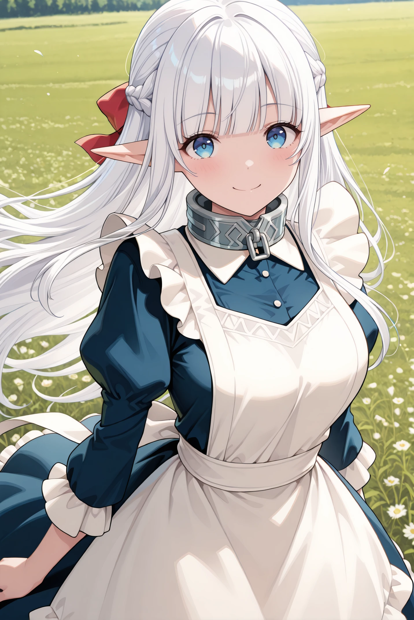 masterpiece, best quality, very aesthetic, absurdres, ultra-detailed, highly detailed, cowboy shot, shiny skin, dynamic pose,
meadow, wind, outdoors, smile, looking at viewer, standing, outdoors,
<lora:Nephelia-08:1> nephelia, 1girl, long hair, white hair, braid, pointy ears, french braid, elf, blue eyes, ribbon, apron, sidelocks, dress, bow, hair ribbon, maid, hair bow, frills, blunt bangs, blue dress, white apron, collar, red bow, metal collar,
<lora:illustrious_noobai_epsilon_pred_11_very_aesthetic_v1_1029791:1>
(lazypos:0.7)