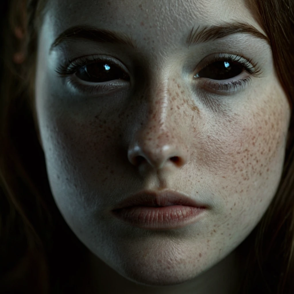 cinematic film still of <lora:black sclera illu v1:1>
a young woman with freckles on her face and a black background,1girl,solo,looking at viewer,simple background,brown hair,closed mouth,black eyes,lips,portrait,freckles,realistic,nose , black sclera, black eyes, dark eyes, hollow eyes, empty eyes, shallow depth of field, vignette, highly detailed, high budget, bokeh, cinemascope, moody, epic, gorgeous, film grain, grainy