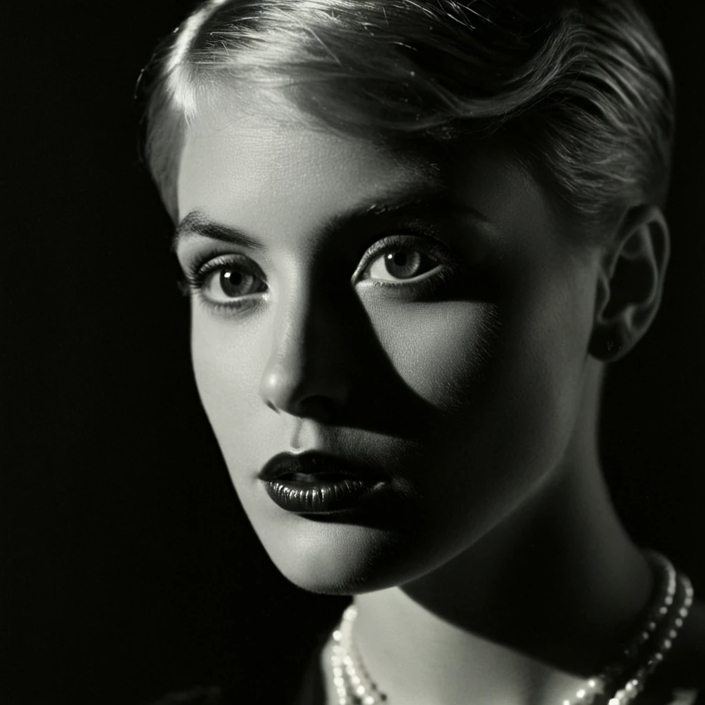1920s commercial illustration of <lora:Rembrandt Lighting style pony v1:0.9>
In Rembrandt Lighting style a woman with a very big eye and a necklace, partially covered in shadows, Rembrandt shadow style, cinematic face shadow style, nose shadow, movie themed, sharp, detailed, epic cinematic photography, artistic creative style, dramatic chiaroscuro light, cinematic chiaroscuro color style, skin tone film style, Kodak, 35 mm film style, widescreen, cinematography technique style, Rembrandt Lighting style, solo, looking at viewer, short hair, 1boy, closed mouth, monochrome, male focus, greyscale, mole, lips, black background, portrait, realistic
, magazine cover illustration from the 1920's, exaggerated realism, a hint of caricature