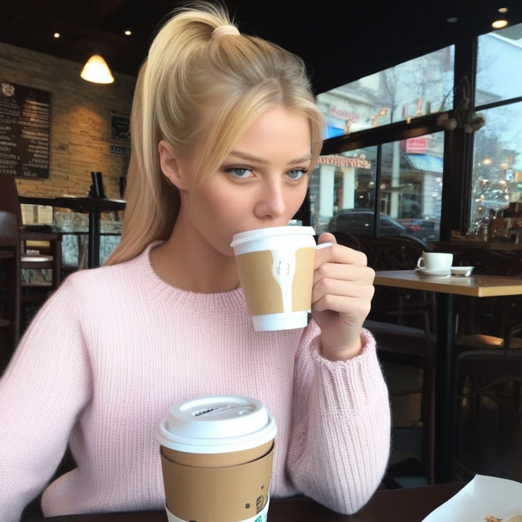 L1ka, drinking coffee, icy pink sweater, Cafe, high blonde ponytail, frontal view, photograph, sitting, close-up