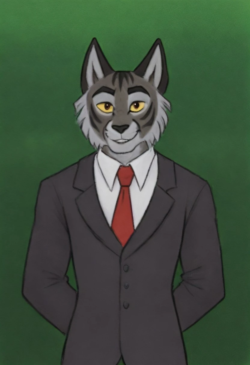 Atlas May[Lackadaisy], Atlas[Lackadaisy], feline, cat, feline ears, cat ears, light_grey markings, markings, grey markings, body markings, yellow sclera, black pupils, eyebrows, (male anthro cat:1.5)
Solo, alone, by himself, 1boy, male.
Clothing, clothed, suit, black suit, red tie, tucked tie, white undershirt.
athletic, athletic body, muscles. (athletic body), (grey body:1.1),
HD, digital painting, digital art, masterpiece.
Headshot, head focus, close to face, closeup, bustshot.
Happy emotion, happy. 
Outside, forest, woods, woodland, (outside:1.1) 
HD, digital painting, digital art, masterpiece ((headshot)), digital drawing (artwork), digital media (artwork), hi res.  negative_hand. Chunie[Style], Realistic, Furry, Animalistic features, Anthro, Detailed, Shaded,