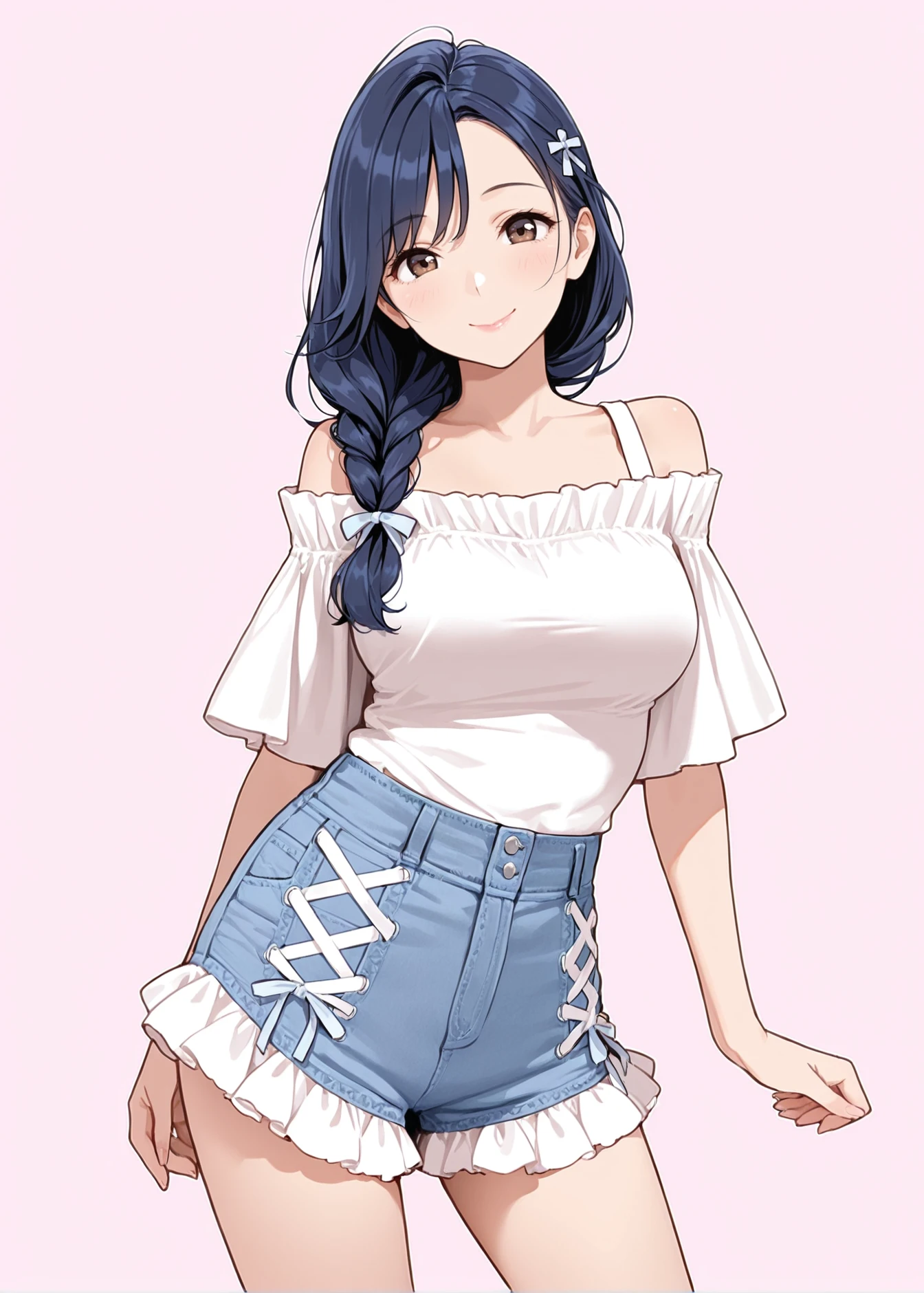 perfect quality, best quality, masterpiece, 1girl, solo, simple background, pink background,
standing, cowboy shot, facing viewer, contrapposto,
smile,
denim shorts,
cross-laced shorts, frilled shorts, shorts ribbon,
white shirt, off-shoulder shirt,
<lora:decorativeshorts-illustrious:1>