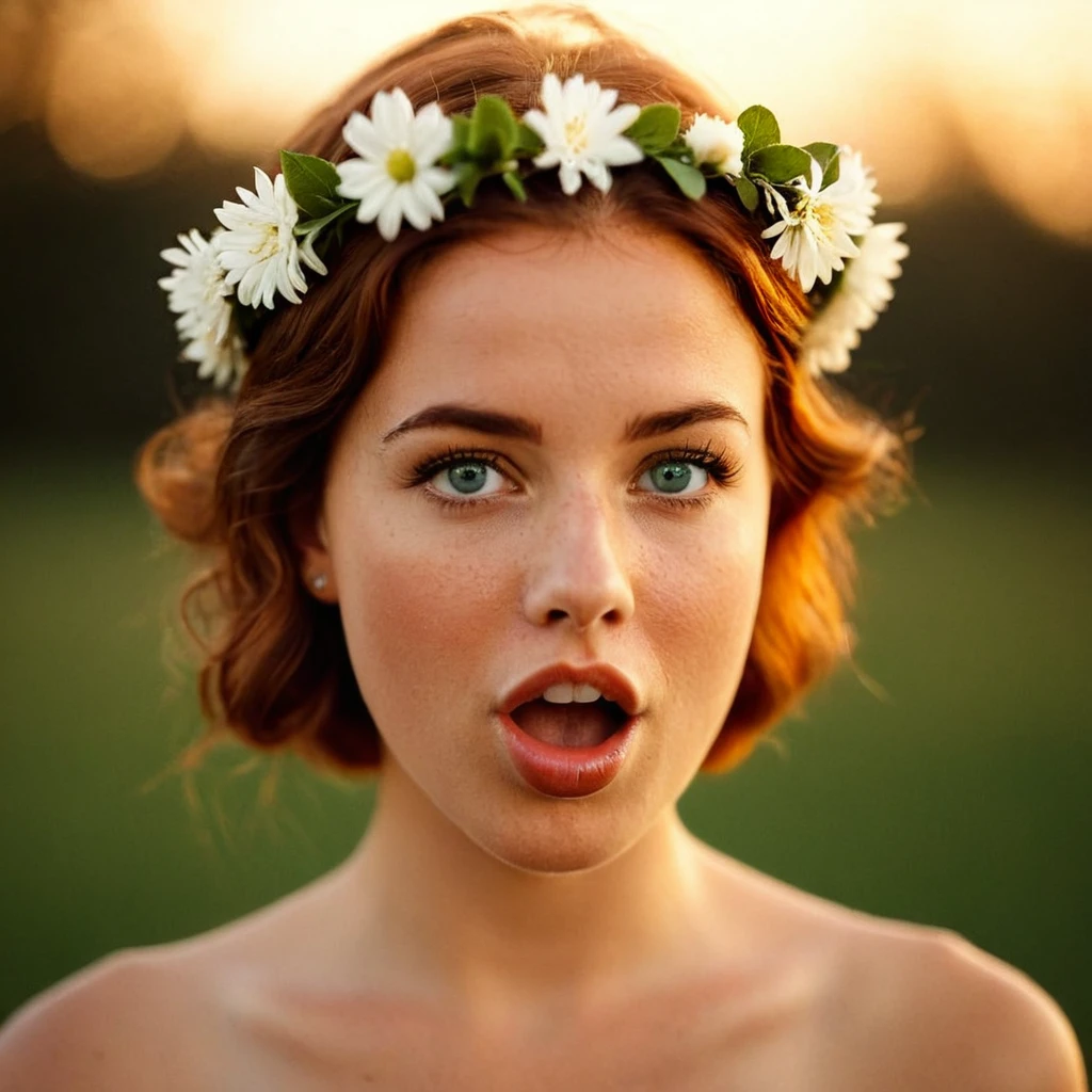 cinematic film still of <lora:warm light style illu v1:1>
3200k, 1950's A beautiful cinematic warm light scene of a topless woman with a flower crown on her head, golden hour, movie themed, sharp, detailed, epic cinematic photography cinematography style, artistic, dramatic light, cinematic color style, Kodak, 35mm film style, 3200k lighting style, warm light style, 1girl, solo, looking at viewer, short hair, blue eyes, brown hair, flower, lips, portrait, freckles, realistic, head wreath, bare shoulders, collarbone, tongue, tongue out, blurry, blurry background, flower wreath, nude, licking, green eyes, mole, upper body, fine art parody, shallow depth of field, vignette, highly detailed, high budget, bokeh, cinemascope, moody, epic, gorgeous, film grain, grainy