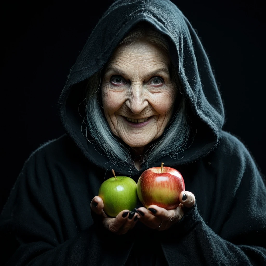Dark Fantasy Art of <lora:Evil Queen illu v1:0.9>
Wicked Witch a closeup shot of a creepy looking old evil witch woman in a hoodie holding an apple while staring at camera with perfect cinematic light on 1500s 15th century, solo, looking at viewer, smile, 1boy, holding, male focus, food, hood, black eyes, fruit, holding food, black background, realistic, apple, old, holding fruit, wrinkles, big nose, very creepy face
, dark, moody, dark fantasy style