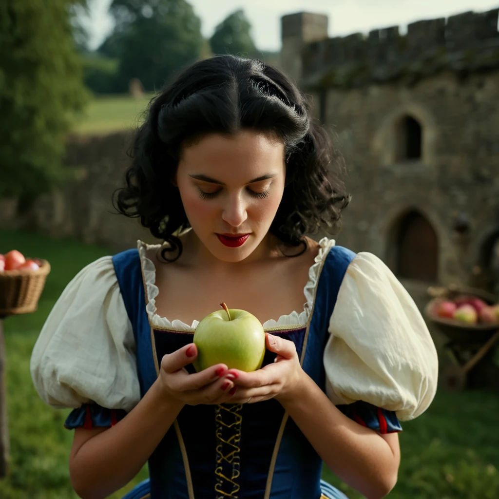 cinematic film still of <lora:Snow White pony v1:0.9>
Snow White a medium shot of a woman holding an apple with both her hands while looking at it in surprise in middle ages In 1500s 15th Century, 1girl, solo, black hair, dress, holding, bow, upper body, closed eyes, hair bow, food, lips, fruit, holding food, curly hair, realistic, apple, holding fruit
, shallow depth of field, vignette, highly detailed, high budget, bokeh, cinemascope, moody, epic, gorgeous, film grain, grainy