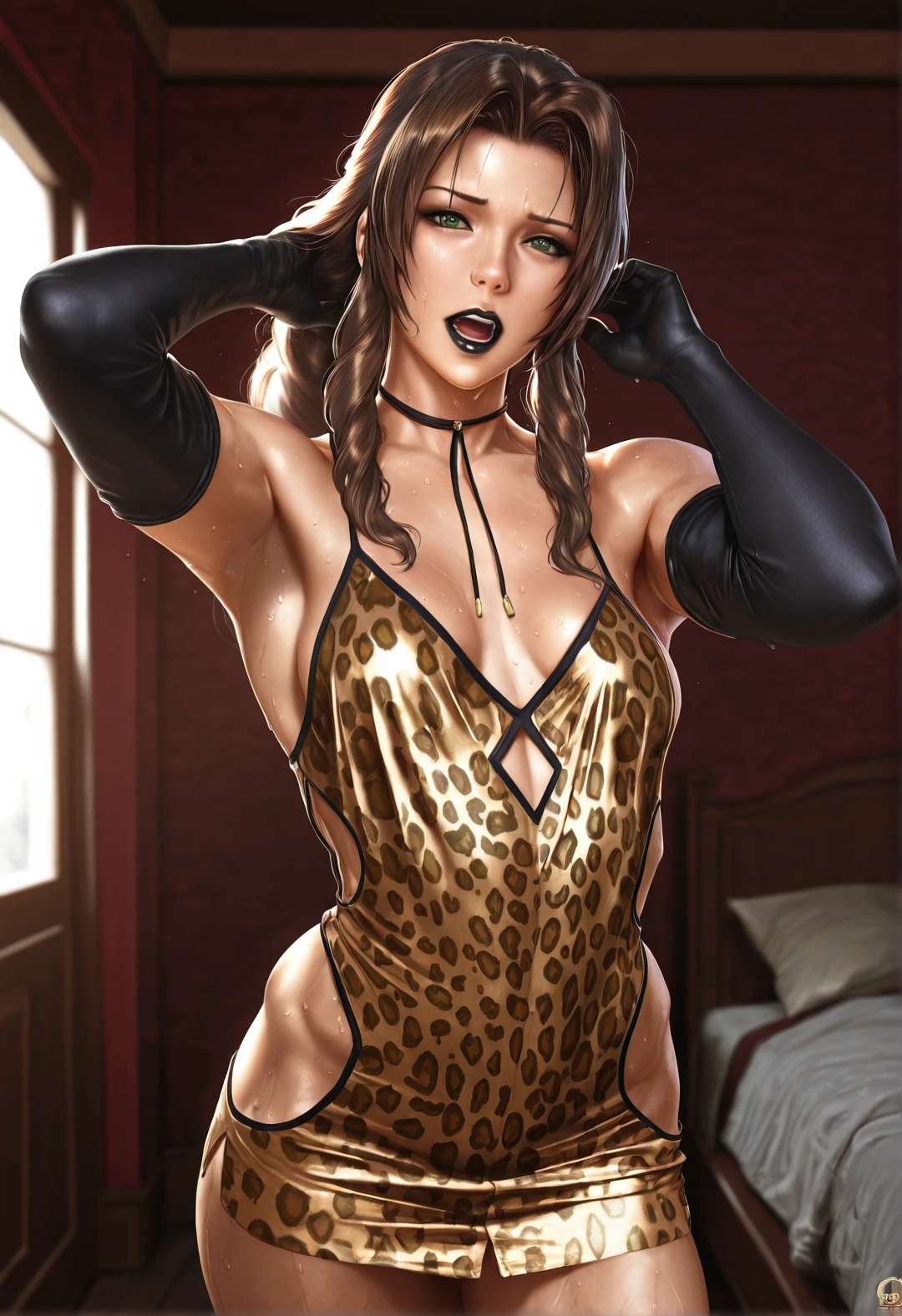 core_9, score_8_up, score_7_up, score_6_up, BREAK Hermione Granger, ponytail, wearing black leather outfit, in a living room, evil smirk, front view,holding rope, looking at viewer, sweating, black gloves, blushing