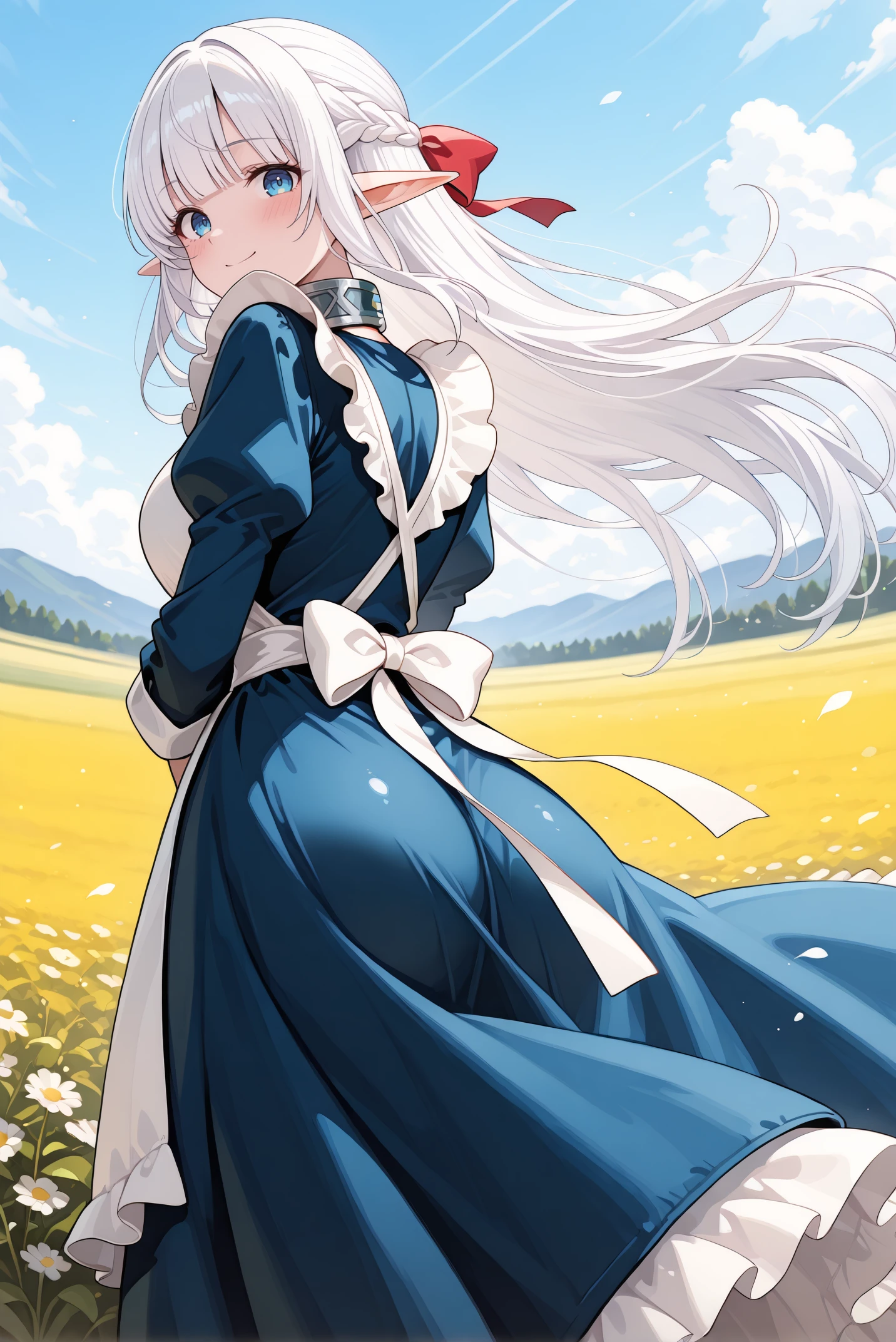 masterpiece, best quality, very aesthetic, absurdres, ultra-detailed, highly detailed, cowboy shot, shiny skin, wind, from below, blush, from behind, looking back, (long dress:1.2)
meadow, wind, outdoors, smile, looking at viewer, standing, outdoors,
<lora:Nephelia-08:1> nephelia, 1girl, long hair, white hair, braid, pointy ears, french braid, elf, blue eyes, ribbon, apron, sidelocks, dress, bow, hair ribbon, maid, hair bow, frills, blunt bangs, blue dress, white apron, collar, red bow, metal collar,
<lora:illustrious_noobai_epsilon_pred_11_very_aesthetic_v1_1029791:1>
(lazypos:0.7)
