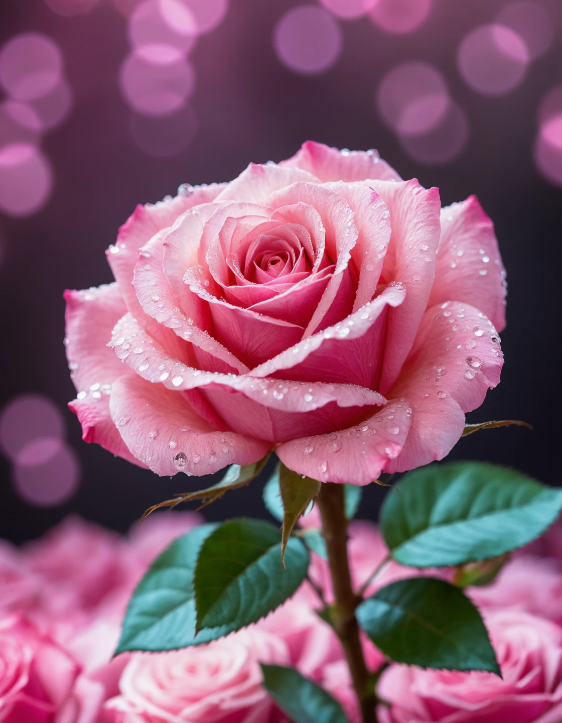 pink crystal rose flower, strong focus on subject, strong bokeh, empty background,,