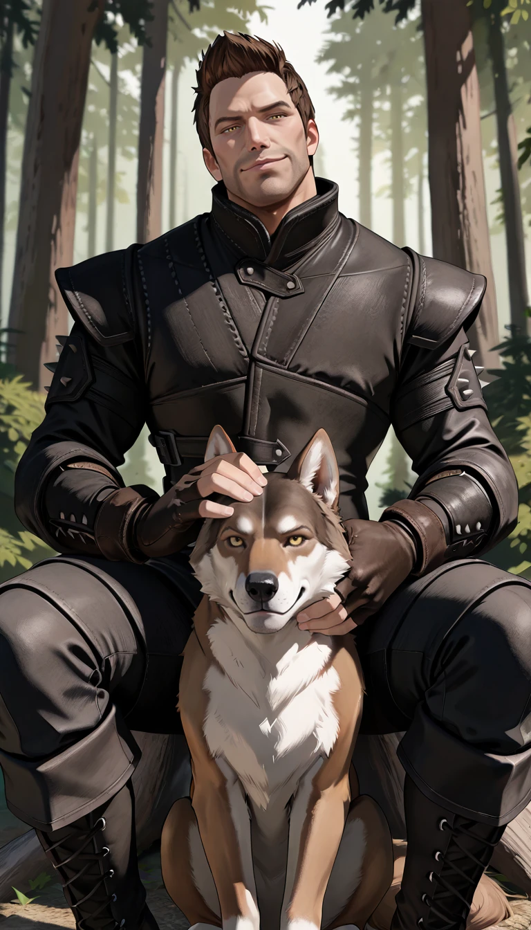 masterpiece, best quality, newest, perfect quality, best quality, detailed background, intricate details, male focus, solo, <lora:Skyrim Romance Mod - Bishop - Illustrious 2-000007:0.7>, srm_bishop, 1boy, mature male, brown hair, very short hair, yellow eyes, stubble, leather armor, fingerless gloves, pants, boots, forest, looking at viewer, head tilt, sitting, smirk, petting wolf
