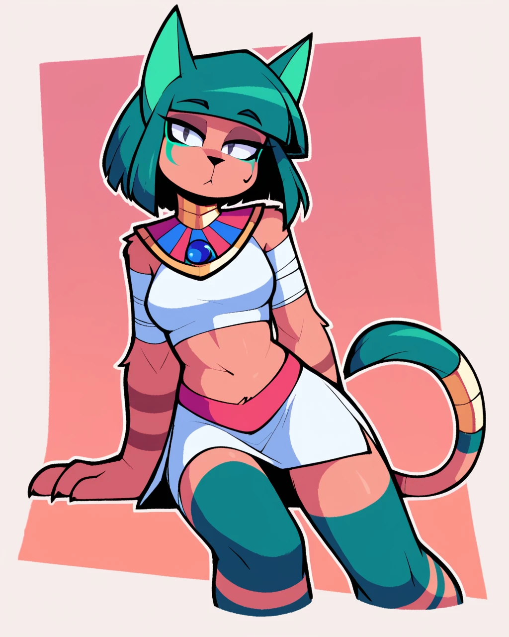 score_9_up, score_8_up, score_7_up, score_6_up, by remanedur, female, green hair, green ears, grey eyes, cat, tail, medium breasts, facial mark, bandages, makeup, egyptian, midriff, skirt, furry, bangs, short hair, looking at viewer, sitting, neutral expression, head tilt, solo, three-quarter view, simple background, white outline, <lora:Leah_Pines(AIM)_XL_v1:0.15> <lora:PDXL_artist_tags_v2_big:0.5> <lora:The-Minuscule-Task_PDXL_v1.0:0.6> <lora:Morgana_Danvers_Tomb_Cats:0.7>