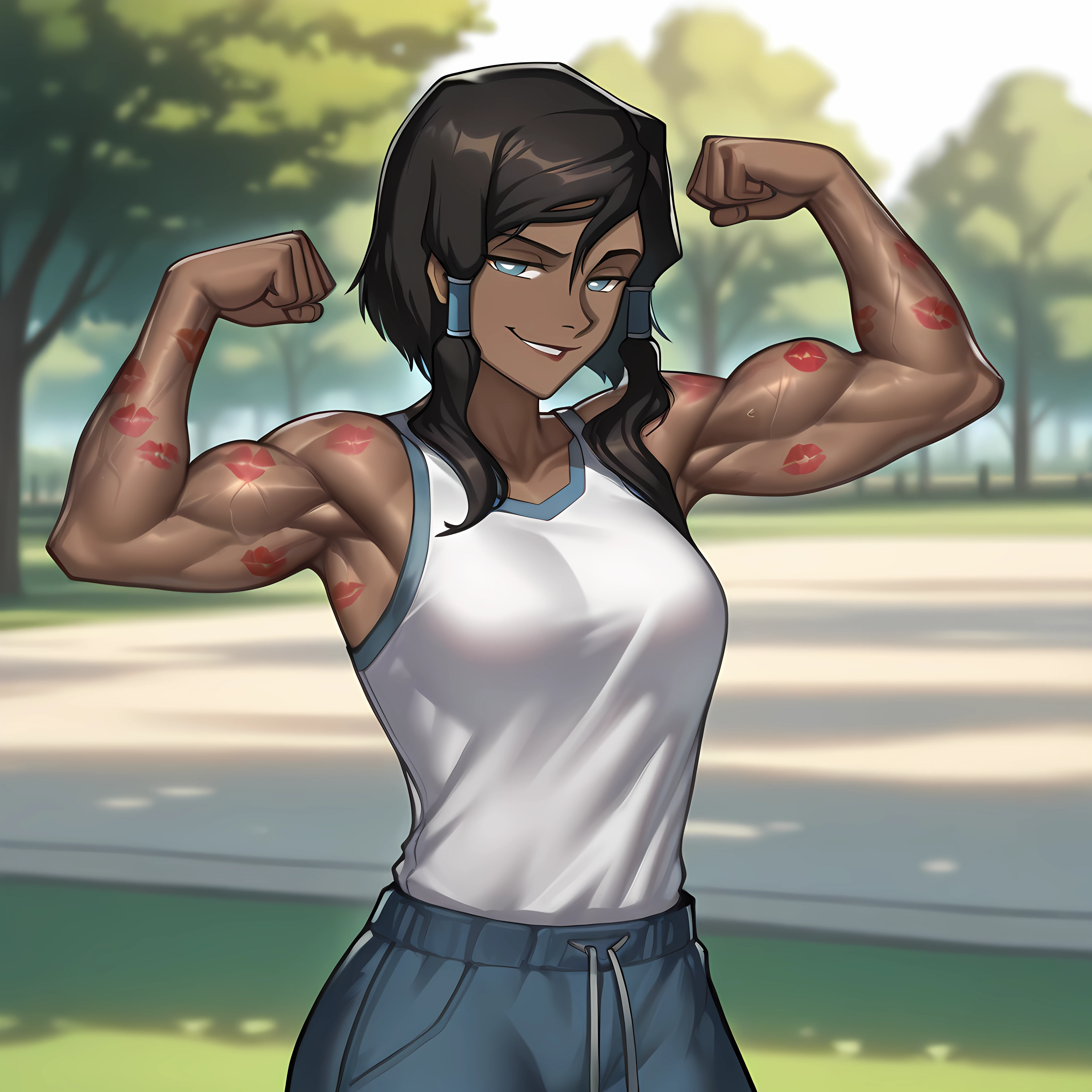 Artistic Female Detective、Ahoge、braid ponytail、Smiled、musculature、Muscular beauty、Physical beauty、Muscle Contest,celebration、Holding a bouquet、present、Brown-skinned、matsuri、