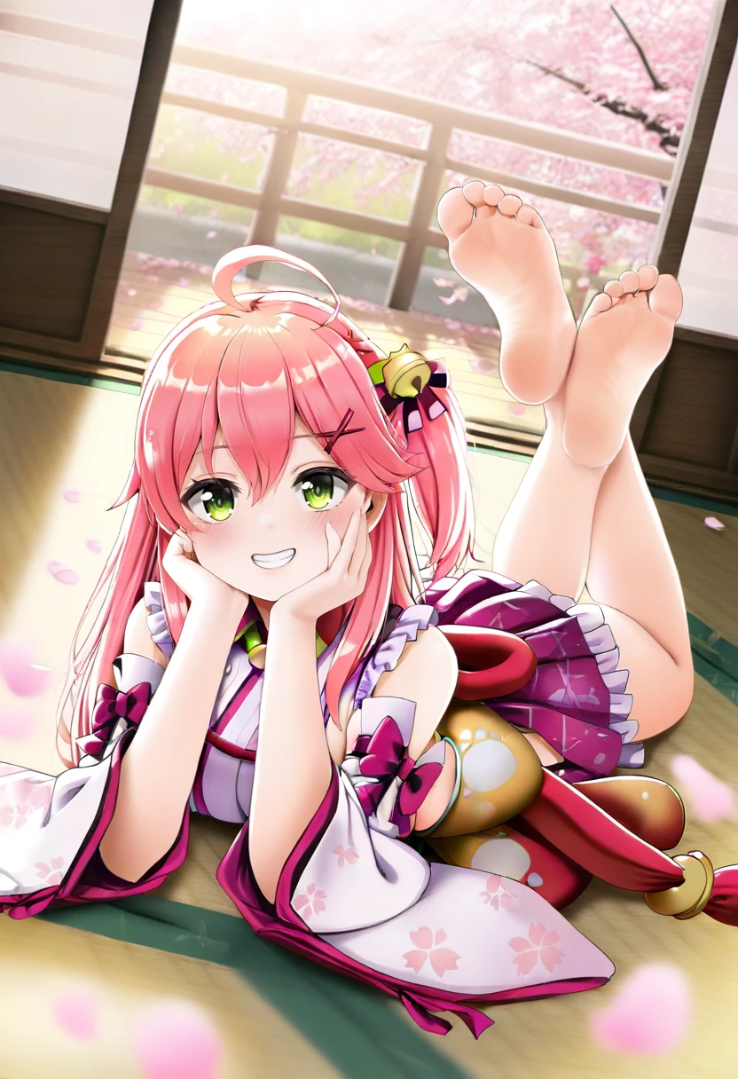 1girl, sakura miko, barefoot, solo, virtual youtuber, feet, green eyes, sideboob, lying, smile, breasts, hair ornament, looking at viewer, toes, on stomach, soles, pink hair, bell, hair bell, long hair, the pose, ahoge, detached sleeves, grin, petals, skirt, hair between eyes, x hair ornament, bangs, japanese clothes, feet up, jingle bell, indoors, full body, kimono, one side up, wide sleeves, head rest, blush, cherry blossoms, frills, legs, bare legs, long sleeves, floral print, on floor, medium breasts, pleated skirt, frilled skirt, legs up, bare shoulders, sash, cherry blossom print, blurry, sleeveless <lora:casinoepXL_il_lokr_V6311P:0.95>