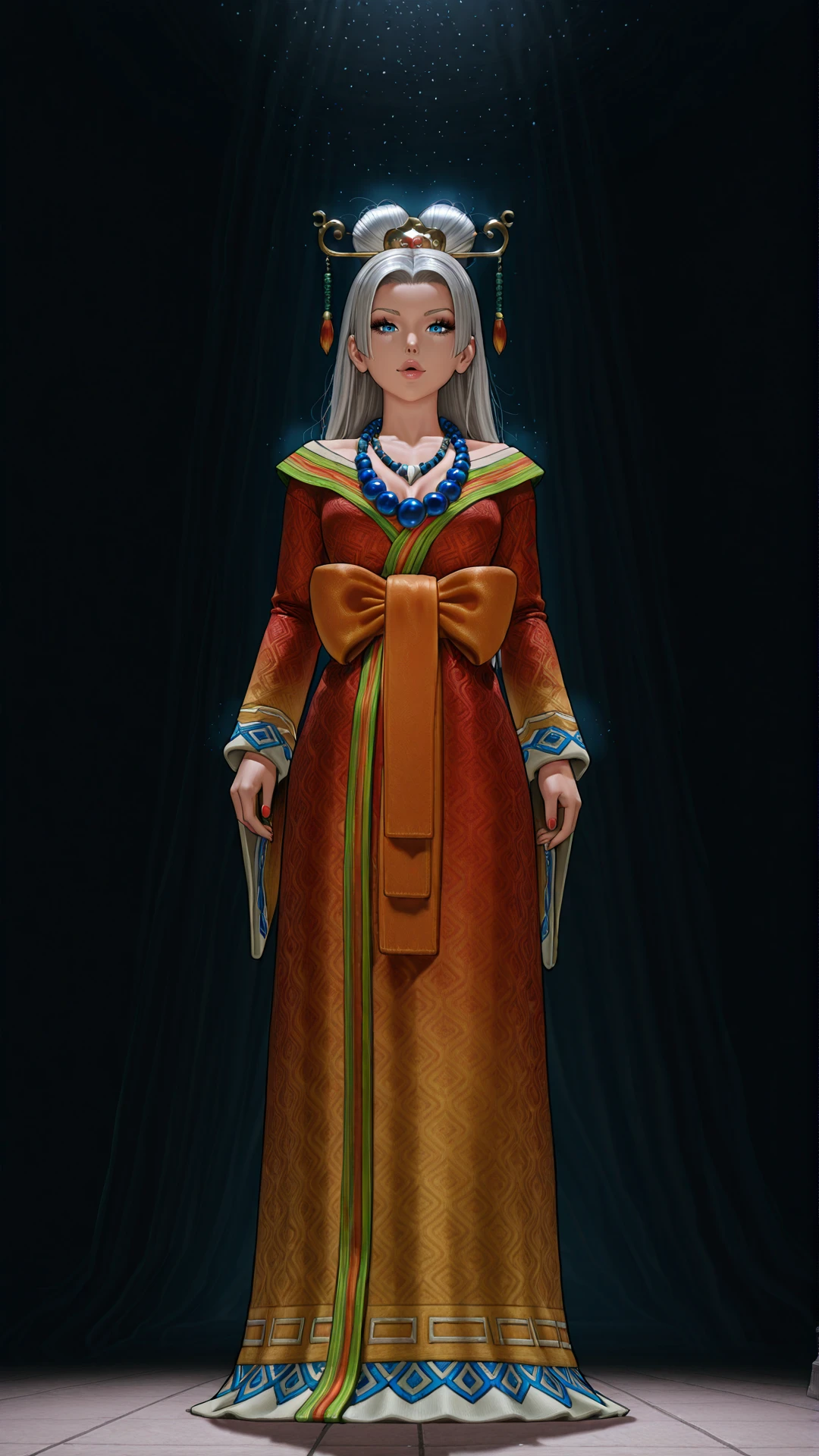 <lora:fellatrix_style_ILXL_goofy:0.3>, fellatrix style, <lora:Sinfully_Stylish_1.0_for_Illustrious:0.5>, sinfully stylish, dramatic lighting, long shadows, soft light, masterpiece, best quality, highres, sharp focus, HDR, high contrast, full body view, front angle BREAK
<lora:Pang_Illu:0.9>, 1girl solo, 1girl, solo, pang, silver hair, blue eyes, hair ornaments, red dress, blue necklace, orange bowtie belt, standing, looking at viewer,