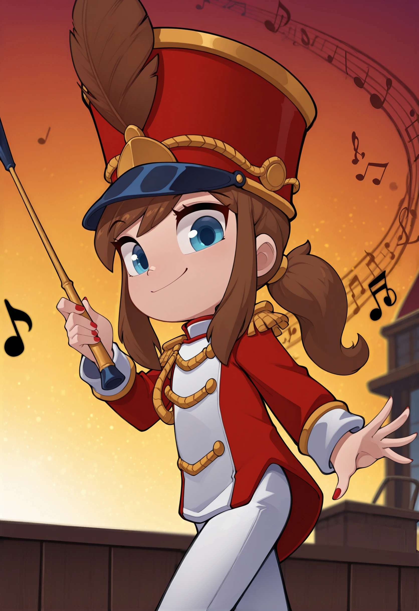masterpiece,best quality,absurdres,highres,scenery,
bleedman style, toon (style),
1girl, solo, ccgirl,brown hair,sidelocks,short ponytail,blue eyes,shako cap,epaulettes,hat feather,jacket,band uniform,
musical note, eighth note, beamed eighth notes, quarter note, beamed sixteenth notes, depth of field, spiral, smile, from side, spiral motion, outstretched arm, hand up, holding marching band baton, very awa, masterpiece, best quality, highres, absurdres, red nails,
