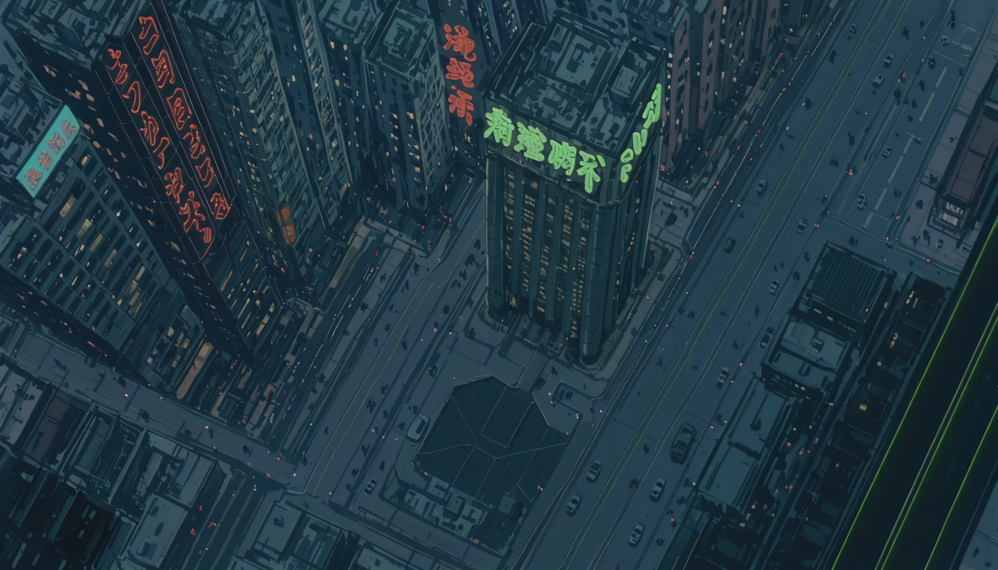 highres, masterpiece,very aesthetic, isometric, no humans, city, building, skyscraper, tokyo, neon lights, road, pavement, cyberpunk, science fiction,<lora:GITS 1995 Lycoris Illustrious 0.1:0.8>
