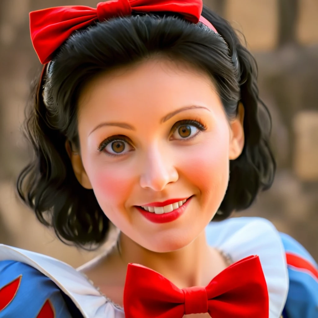 anime artwork of <lora:Snow White illu v1:0.7>
Snow White a closeup cartoon snow white with a red bow and very big cartoon eyes staring at camera In 1500s 15th Century with big eyes staring at camera, 1girl, solo, looking at viewer, smile, short hair, simple background, black hair, bow, brown eyes, hair bow, hairband, red bow, gradient background, makeup, portrait, lipstick, red lips
, anime style, key visual, vibrant, studio anime, highly detailed