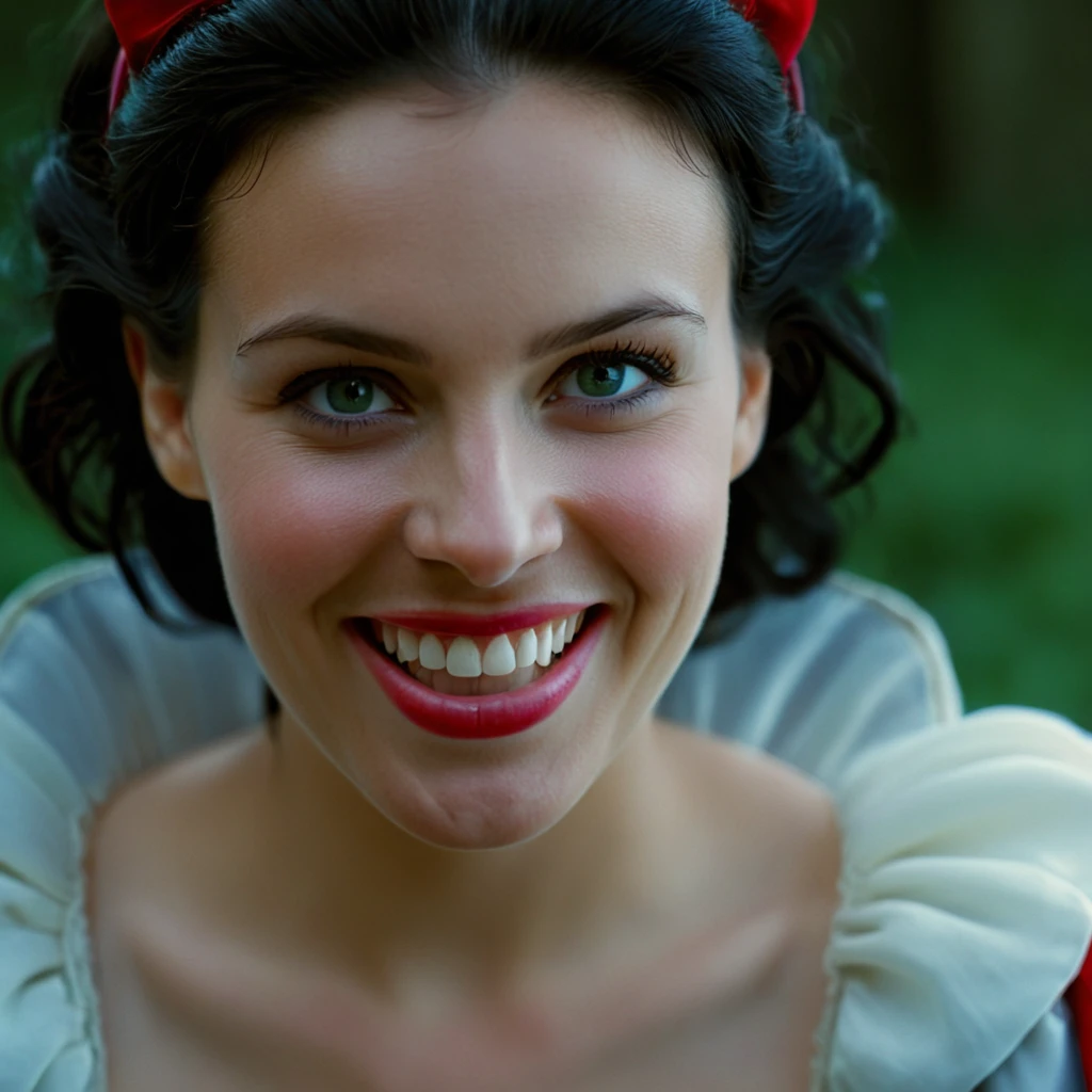 cinematic film still of <lora:Snow White pony v1:0.9>
Snow White a closeup of a hot young woman with a pink lips and a smile on her face In 1500s 15th Century, 1girl, solo, looking at viewer, smile, open mouth, black hair, green eyes, teeth, lips, portrait, close-up, realistic, photorealistic
, shallow depth of field, vignette, highly detailed, high budget, bokeh, cinemascope, moody, epic, gorgeous, film grain, grainy