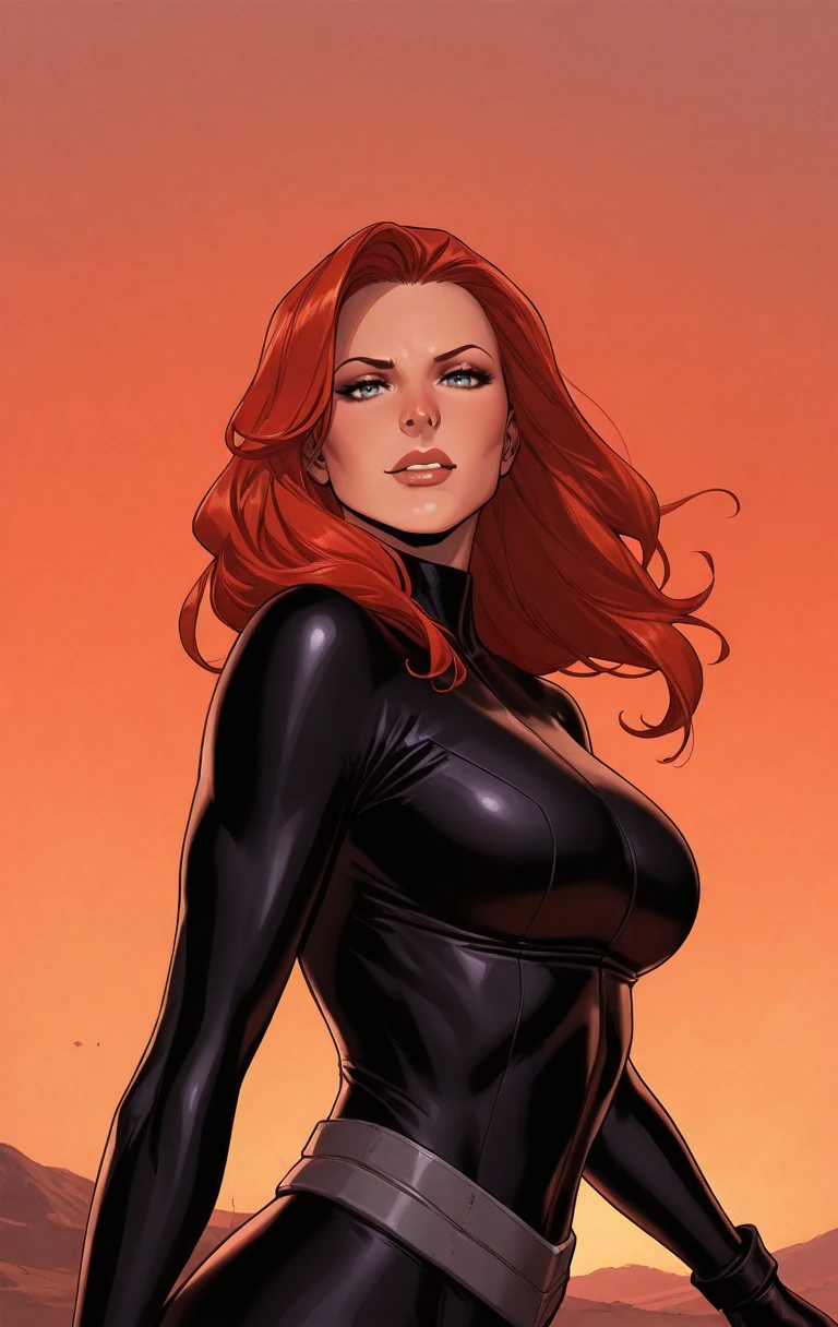 um desenho de uma mulher de terno preto, cabelo ruivo e rosto de homem-aranha, inspired por Ryan Stegman, Simbionte, veneno, black Widow, venenoized, threatening!!!, maravilha, por Ryan Stegman, personagem de quadrinhos, mulher aranha!!!!!, mulher aranha!!, comic, veneno Simbionte, threatening!, Maria Jane, maravilhaous expression