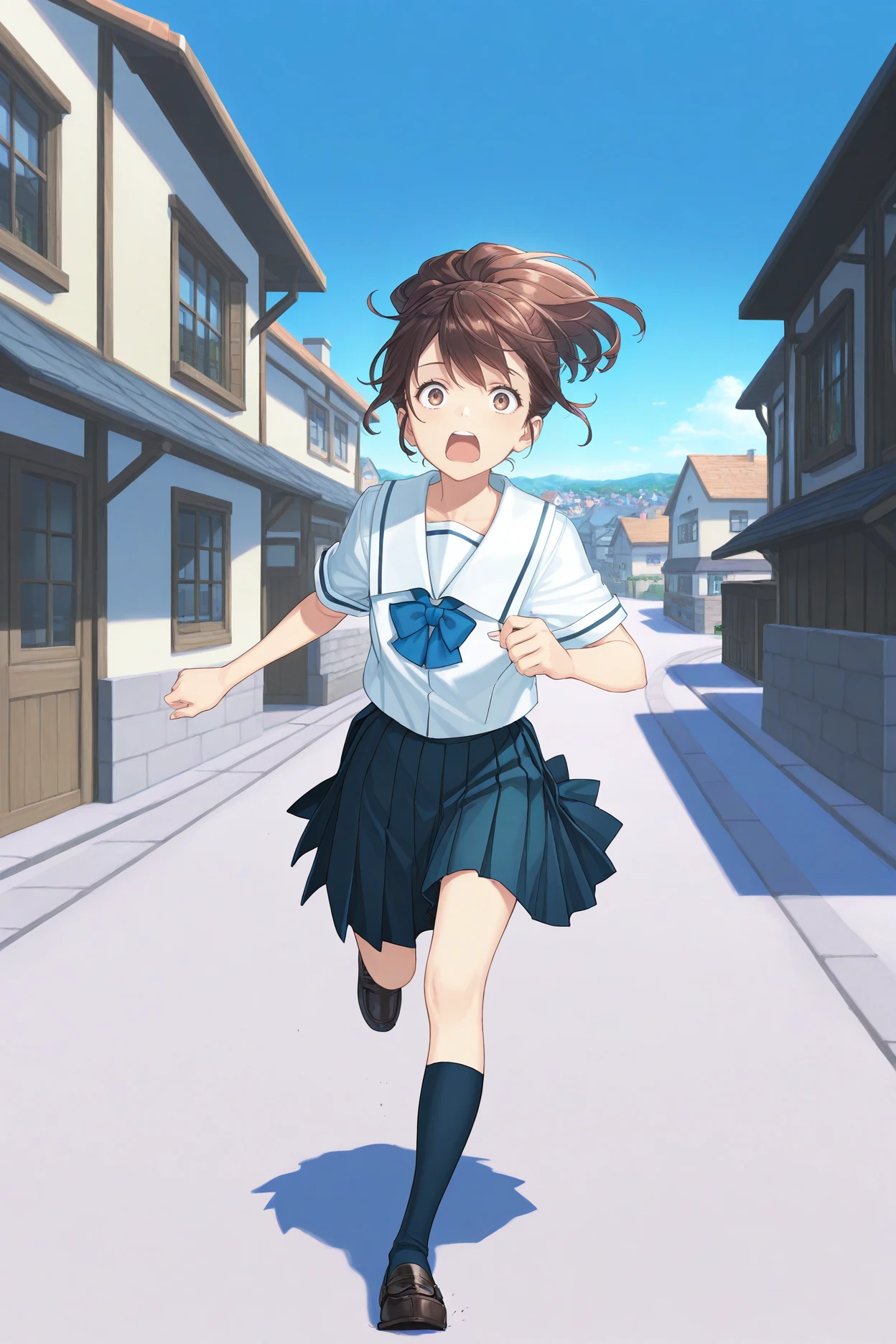 masterpiece, best quality, 1girl, solo, <lora:senomiyaakiho-illu-nvwls-v1-000006:1> snmak, brown hair, short ponytail, brown eyes, white sailor collar, white shirt, short sleeves, blue bowtie, dark blue skirt, pleated skirt, socks, loafers, running, shocked, open mouth, full body, town, house, blue sky, outdoors