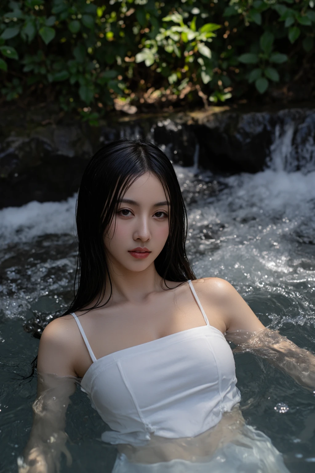 *****,This photograph captures a woman floating just beneath the surface of a small,tranquil stream. The image,imbued with a serene,ethereal quality,features a young woman with fair skin and long,wet,black hair cascading behind her,fanning out in the water. Her serene expression is highlighted by the soft natural light that filters through and reflects off the waters surface. She appears to be in her early twenties,with an elongated neck and delicate,feminine features. She is clad in a white,spaghetti-strapped dress that clings to her slim frame,the soaked fabric clinging to her chest and torso,subtly revealing the outline of her small to medium-sized breasts. The water around her rippled and shimmering,with sunlight creating a dramatic play of light and shadow. The background,slightly out of focus,consists of muted green foliage and rocks,suggesting a secluded,natural locale,possibly a forest or mountain area. The overall tone of the photograph is mystical and introspective,enhanced by the cool,bluish shades that dominate the scene. The soft textures of the water and her wet hair contrast with the smoothness of her skin and the delicate transparency of her dress.,