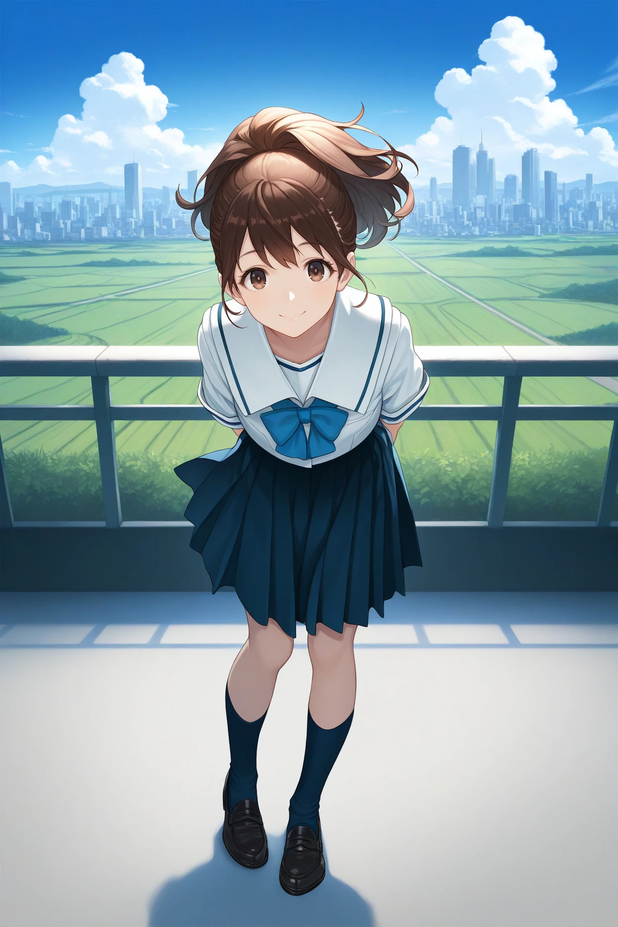 masterpiece, best quality, 1girl, solo, <lora:senomiyaakiho-illu-nvwls-v1-000006:1> snmak, brown hair, short ponytail, brown eyes, white sailor collar, white shirt, short sleeves, blue bowtie, dark blue skirt, pleated skirt, socks, loafers, full body, arms behind back, smile, blue sky, clouds, cityscape, field, leaning forward, looking at viewer