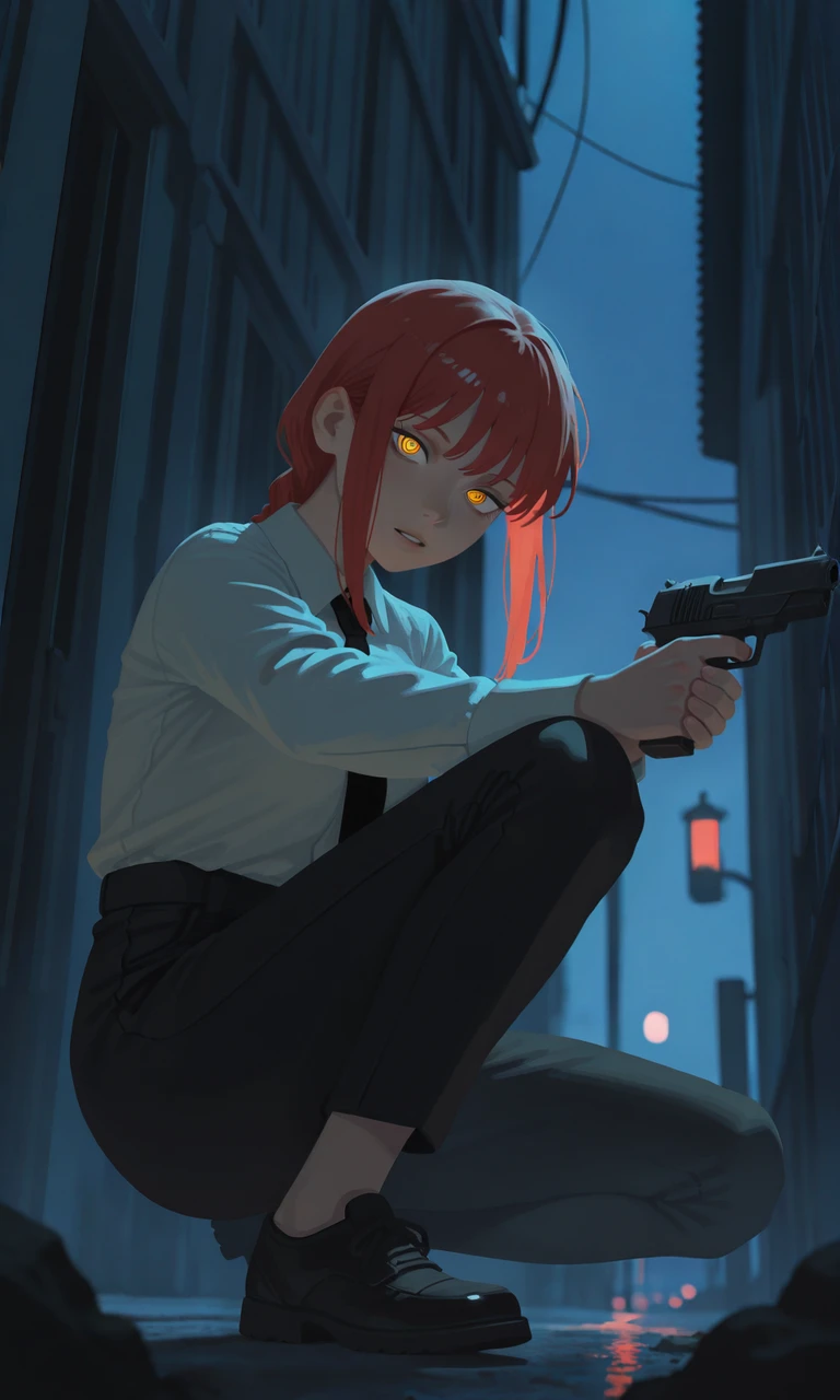 embedding:IllusP0s, g00se, no lineart, makima_\(chainsaw_man\), ringed pupils, white shirt, black tie, contrast lighting, parted lips, outdoors, holding gun, handgun, night, squatting, knee on elbow, looking at viewer, from below,<lora:g00se_v3_ill.safetensors:1.2:1.2>