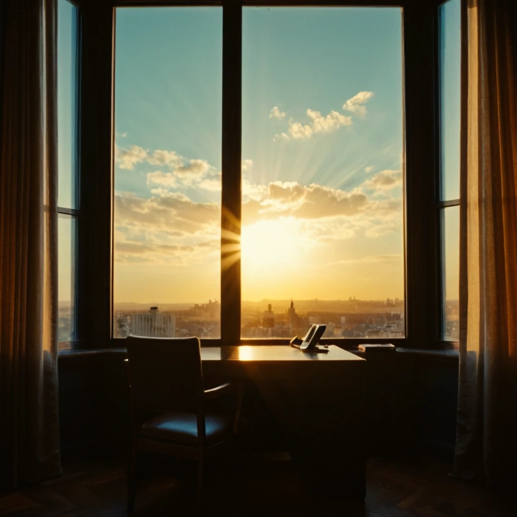 cinematic film still of <lora:warm light style illu v1:1>
3200k, A beautiful cinematic warm light scene of a window with curtains and a sun shining through it, golden hour, movie themed, sharp, detailed, epic cinematic photography cinematography style, artistic, dramatic light, cinematic color style, Kodak, 35mm film style, 3200k lighting style, warm light style, sky, cloud, indoors, no humans, window, sunlight, curtains, scenery, sunset, sun, chair, desk, cloudy sky, light rays, ruins, pillow, building, cityscape, shallow depth of field, vignette, highly detailed, high budget, bokeh, cinemascope, moody, epic, gorgeous, film grain, grainy