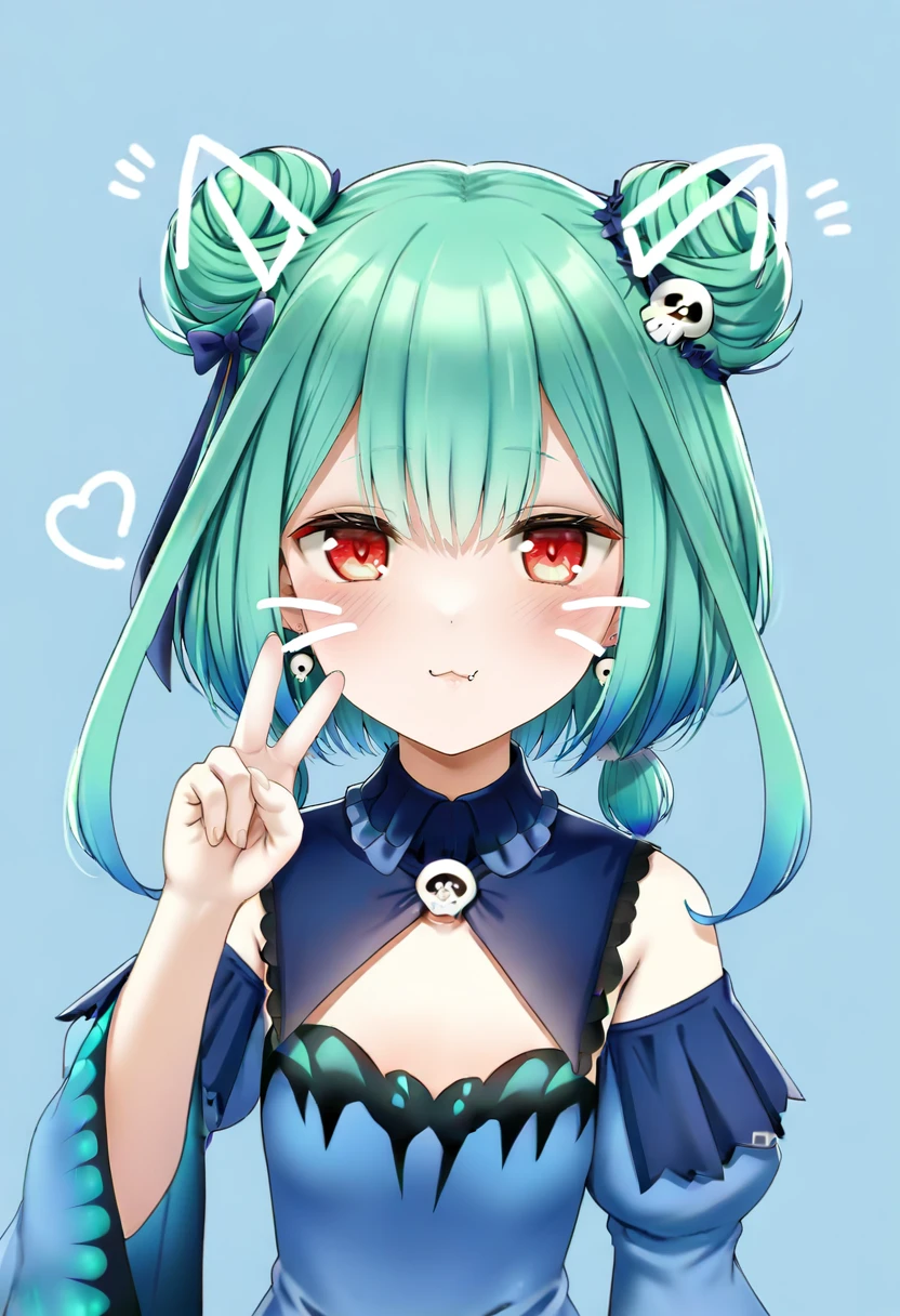 1girl,uruha rushia,uruha rushia \(1st costume\),hololive,bare shoulders,blue bow,blue dress,blue hair,blush,bow,closed mouth,double bun,drawn whiskers,dress,earrings,gradient hair,green hair,hair bow,hair bun,hair ornament,hand up,heart,jewelry,long sleeves,looking at viewer,multicolored hair,red eyes,short hair,skull earrings,skull hair ornament,sleeveless,sleeveless dress,solo,upper body,v,virtual youtuber,blue bowtie,blue background,bowtie,detached sleeves,drawn ears,puckered lips,fang,short twintails,hair between eyes,sidelocks,detached collar,heart earrings,juliet sleeves,flat chest,smile,puffy sleeves,blue sleeve cuff <lora:casinoepXL_il_lokr_V6311P:0.95>