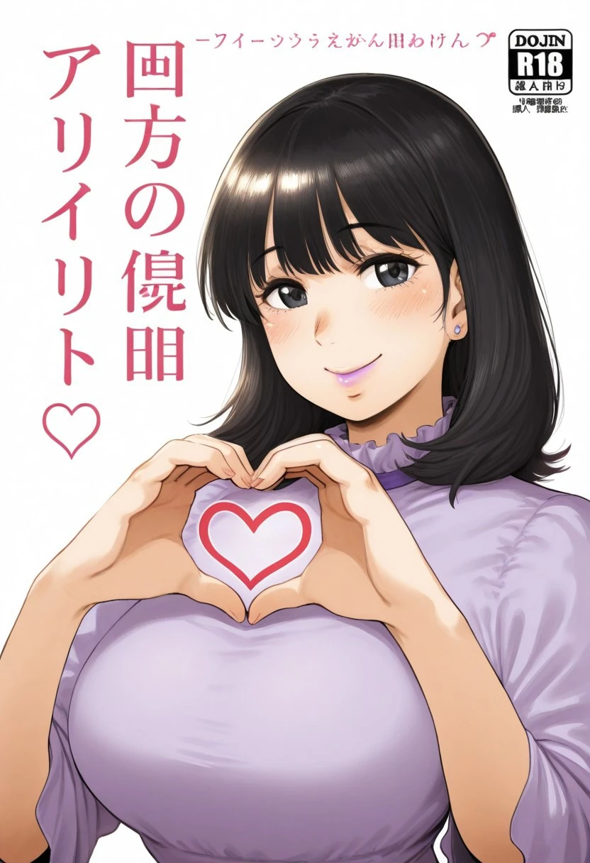 1girl, solo, medium build, medium hair, sfw, safe for work, covered skin, flowy dress, black eyes, purple lipgloss, smiling, portrait, upper body, doujin cover, heart hands, japanese text,neisanILL