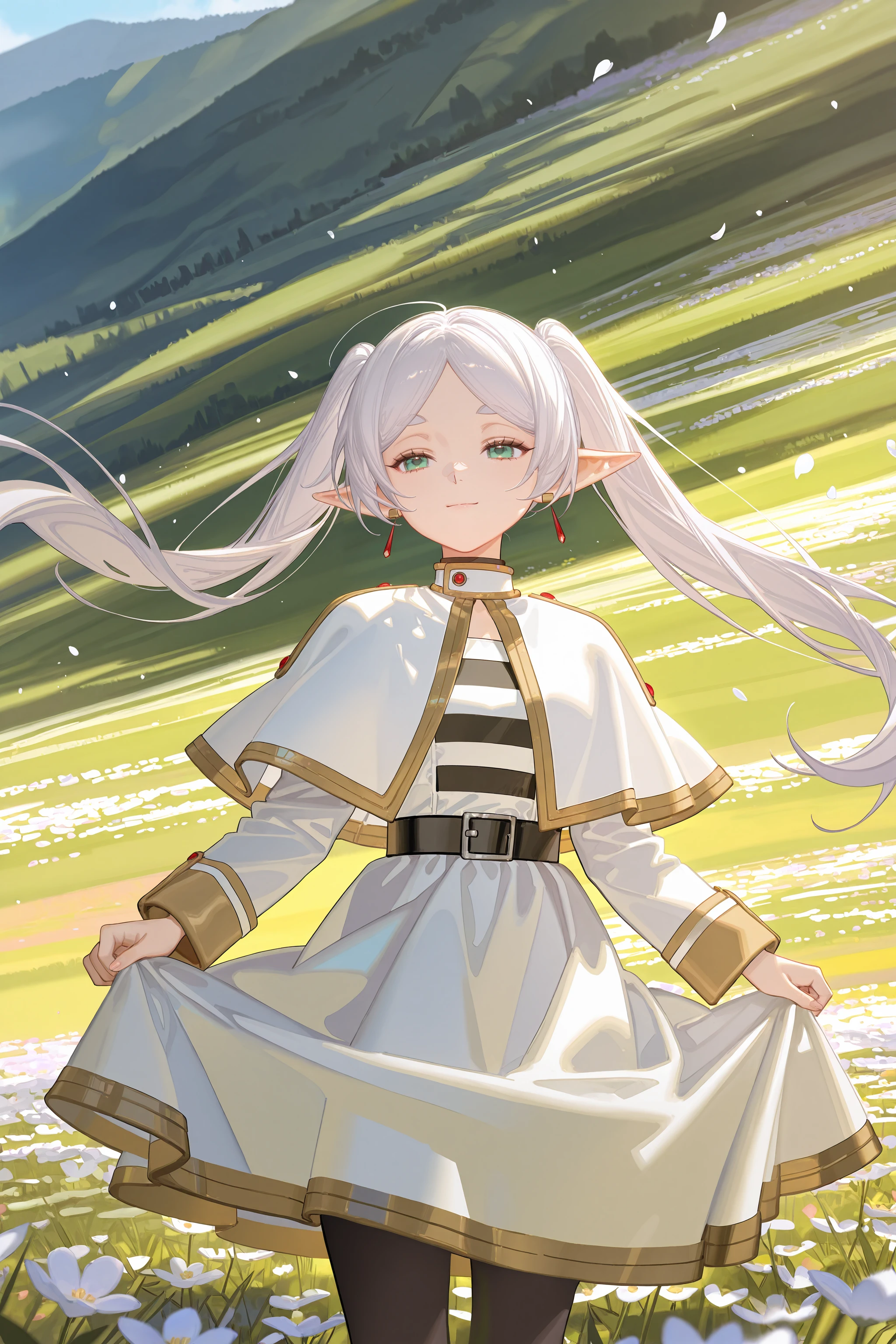 1girl, frieren, solo, twintails, earrings, black pantyhose, black belt, capelet, white skirt set, striped shirt, white jacket, cowboy shot, (curtsey, skirt hold), floating hair, petals, flower field, scenery, outdoors, depth of field, ecstasy, gasping, light smile <lora:Char-Frieren-IL-V1:0.8:hr=0.6>, ciloranko, alphonse \(white datura\), ask \(askzy\), gomzi, you shimizu
masterpiece, best quality, amazing quality, very aesthetic, absurdres, newest, (scenery, volumetric lighting), ray tracing, (bloom:1.4), cinematic