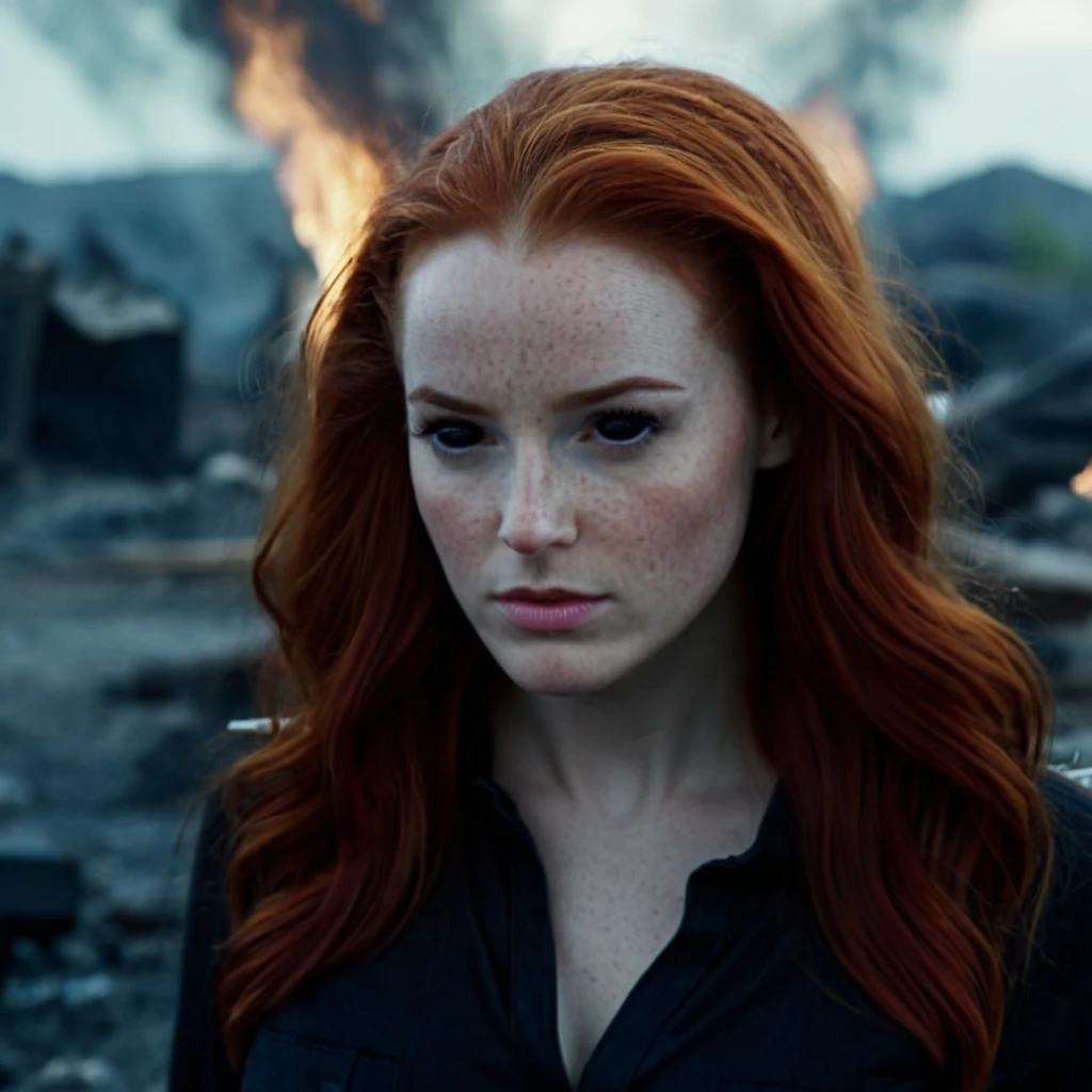 cinematic film still of <lora:black sclera pony v1:1>
Jean Grey x-men mutant a woman with red hair and a black top,1girl,solo,long hair,looking at viewer,red hair,blurry,lips,portrait,freckles,realistic , black sclera, black eyes, dark eyes, hollow eyes, empty eyes, fire and destruction in background, smoke in background, blue veins, shallow depth of field, vignette, highly detailed, high budget, bokeh, cinemascope, moody, epic, gorgeous, film grain, grainy