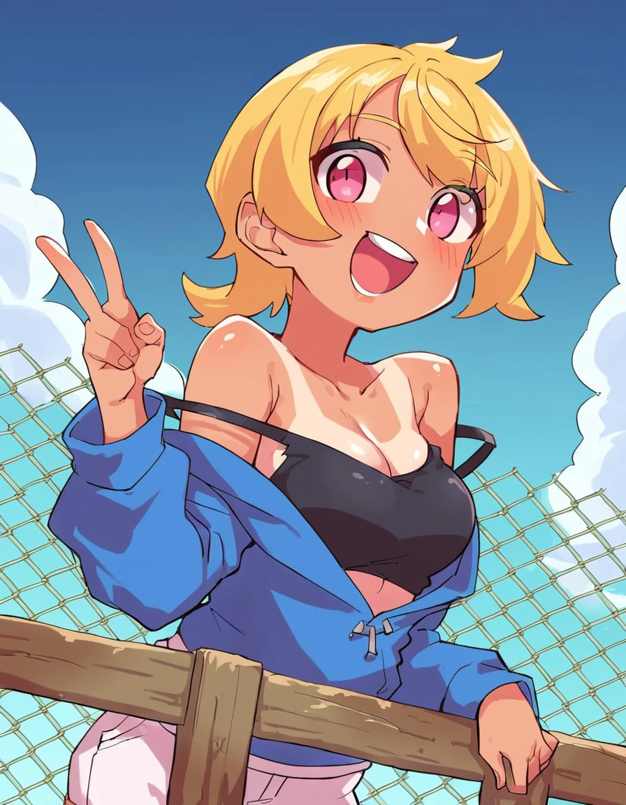 childish, sassy, skinny, freckled, blonde girl, green eyes, flat chest, erect nipples, pert butt, red cap, thick necklace, wristband, blue tank top, micro denim shorts, red sneakers, naughty smile, sexy pose, gesturing a blowjob, in a rustic motel room, ecchi anime, Takei Hiroyuki style, cinematic, dramatic, POV, dynamic view, full body,