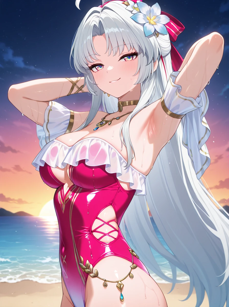ultra-detailed, ((one girl)), (pale skin:1.4), hyper detailed, absurdres, 8K, fair skin, Beautiful Face, (Laugh shyly), ((teasing smile:1.8)), ((Wink:1.7)), (Laugh with your mouth wide open),((Tilt your head:1.6)), View your viewers, ((Bright red cheeks:1.6)),Glossy Red Lips, ((Big Breasts:1.5)), ((show off breast:1.4)), ((erect nipples)), night,firework, Observation deck with ocean view, (Brighten your face), ((Anime style background)),masterpiece, Highest quality, so beautiful,Latest, Complex details, (Pink long nails), (nail art), (ring),(bracelet), (Floral Choker),AI-generated, Complex,High resolution, Highest quality, super high quality,3D Images、3D Images,One person,long white hair,(High Ponytail), (wavy hair:1.3), Anime woman posing for a photo, ((Fine grain、blue eyes、glowing eyes:1.4)), (Squint your eyes:1.1),a hyperRealistic , hyperRealistic , Realistic,Anime woman with long white, Smooth anime CG art, Girl in black kimono, Gold embroidery, ((black furisode)),(Large floral pattern) , ((undressing)), Long flower hair ornament,Floral Earrings,Mature Body, tall,Abdominal muscles,Narrow waist, ((leaning forward:1.4)), ((hands on knees)), (front view),