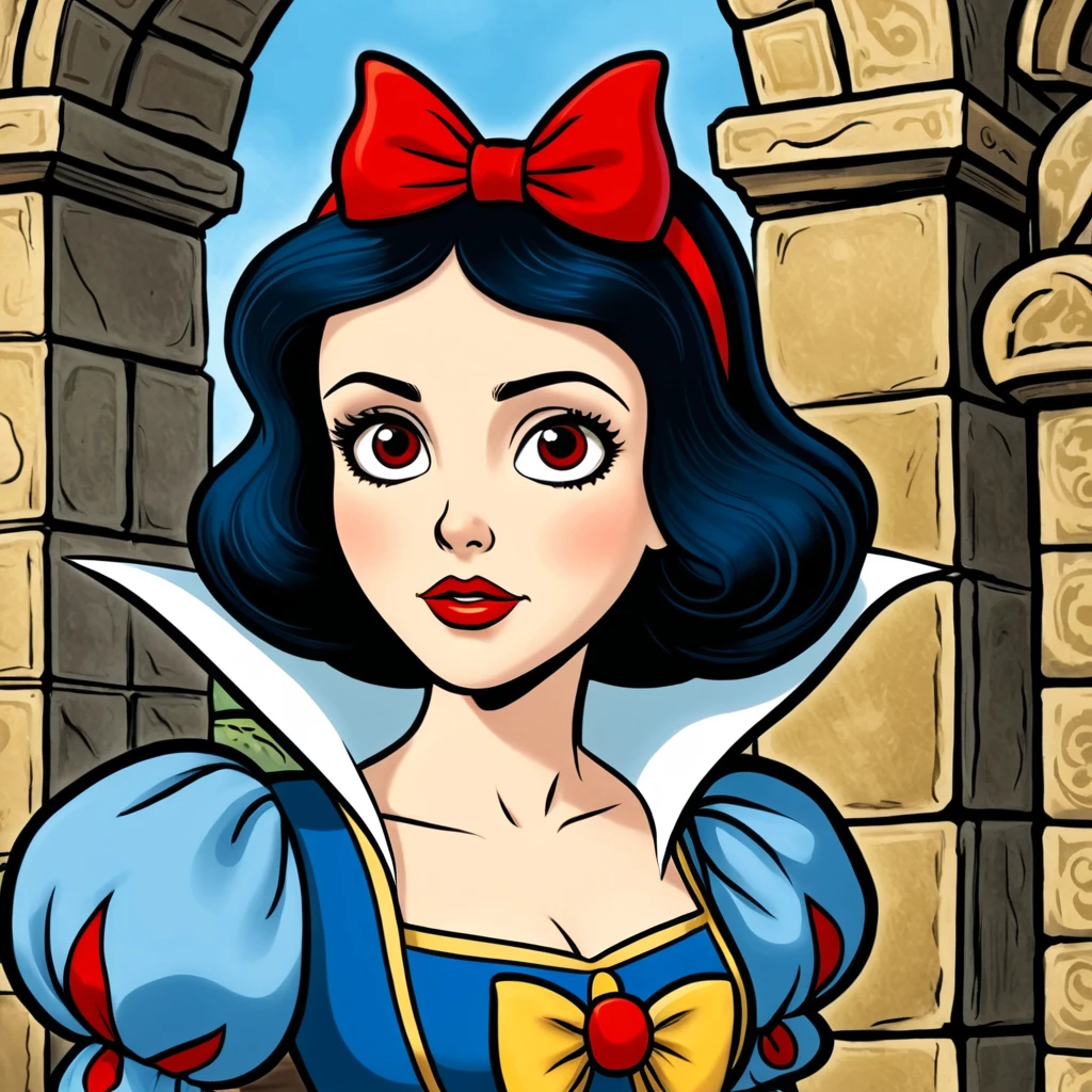 comic book art of <lora:Snow White pony v1:0.7>
Snow White a closeup cartoon snow white with a red bow and very big cartoon eyes staring at camera In 1500s 15th Century with big eyes staring at camera, comic art, graphic novel illustration