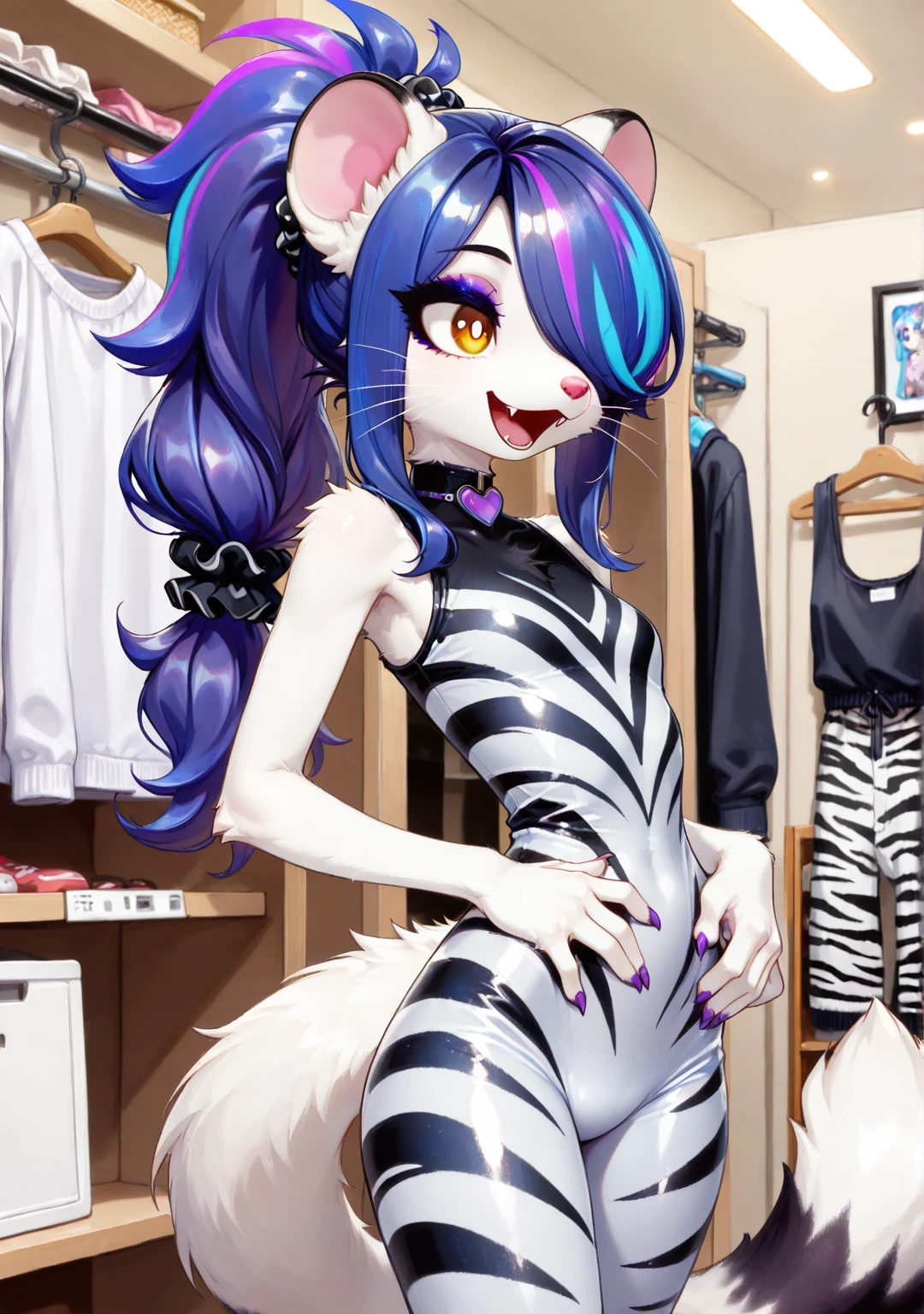 masterpiece,best quality,amazing quality, smari4, 1girl, solo, furry female, pink nose, whiskers, shiny hair, white fur, amber eyes, white pupils, eyeshadow, eyeliner, (long hair, swept hair, hair over one eye, blue hair, violet hair, streaked hair, cyan streaks, braided high ponytail, hair scrunchie, cyan scrunchie, violet streaks, highlights), white body fur, body fur, weasel tail, black ear tips, white tail, black tail tip, heart choker, paws, small claws, purple claws, skinny, narrow waist, :d, fangs,, hand on waist, zebra print bodysuit, sleeveless turtleneck, indoors, clothes rack, store