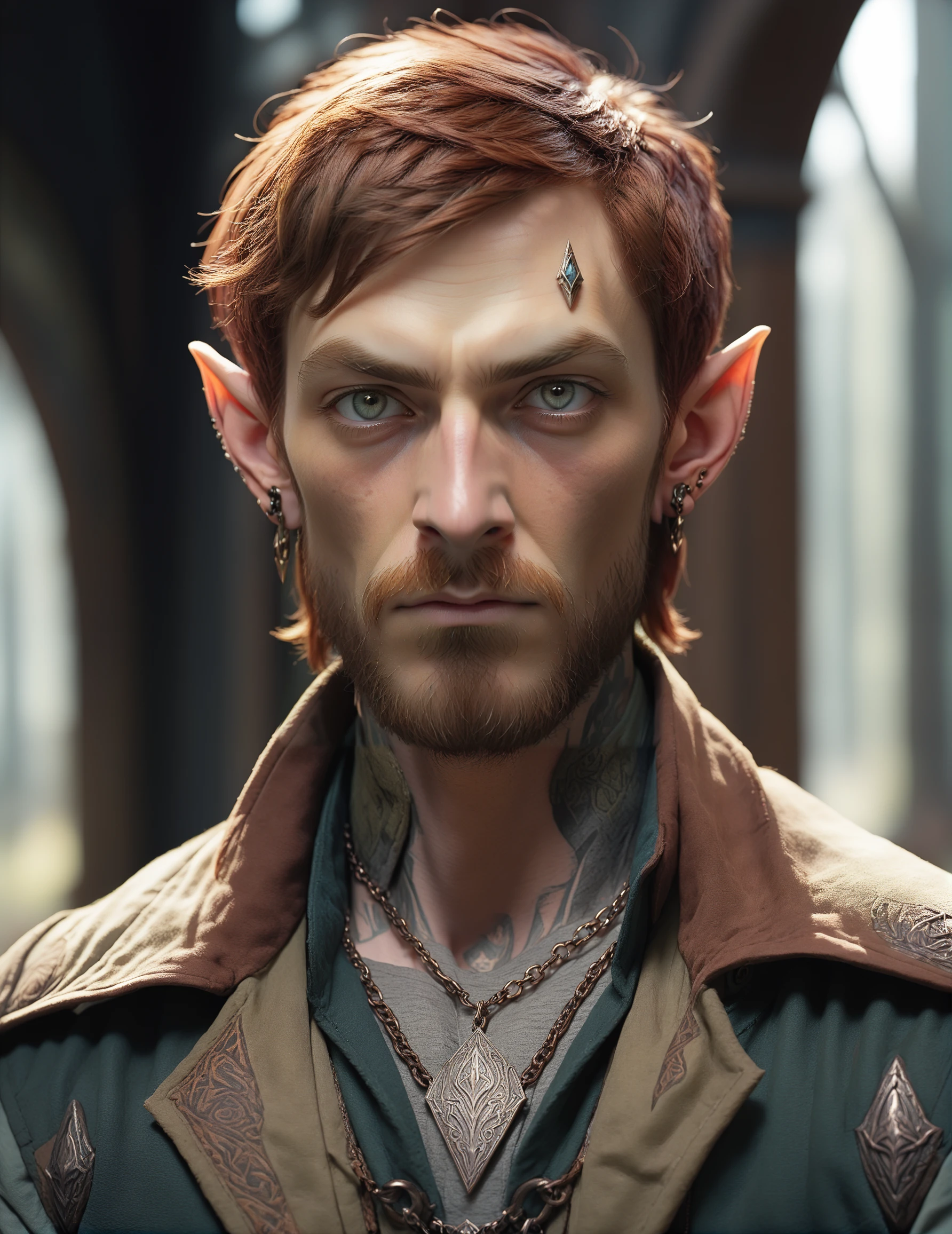 masterpiece, very aesthetic, absurdres, Tanis Half-Elven, pointy ears, solo, looking at viewer, pointy ears, half-elf, auburn hair, shirt, 1boy, jewelry, jacket, upper body, male focus, earrings, necklace, grey eyes, tattoo, facial hair, portrait, beard, mature male, brown shirt, <lora:TanisXL:1>