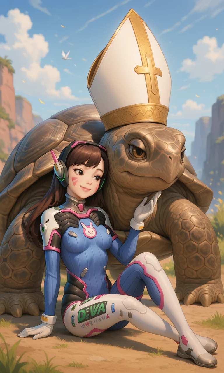 embedding:IllusP0s, turtle pope, d.va_\(overwatch\), 1girl, sitting, outdoors, smile,<lora:turtle_pope_r1.safetensors:1.0:1.0>
