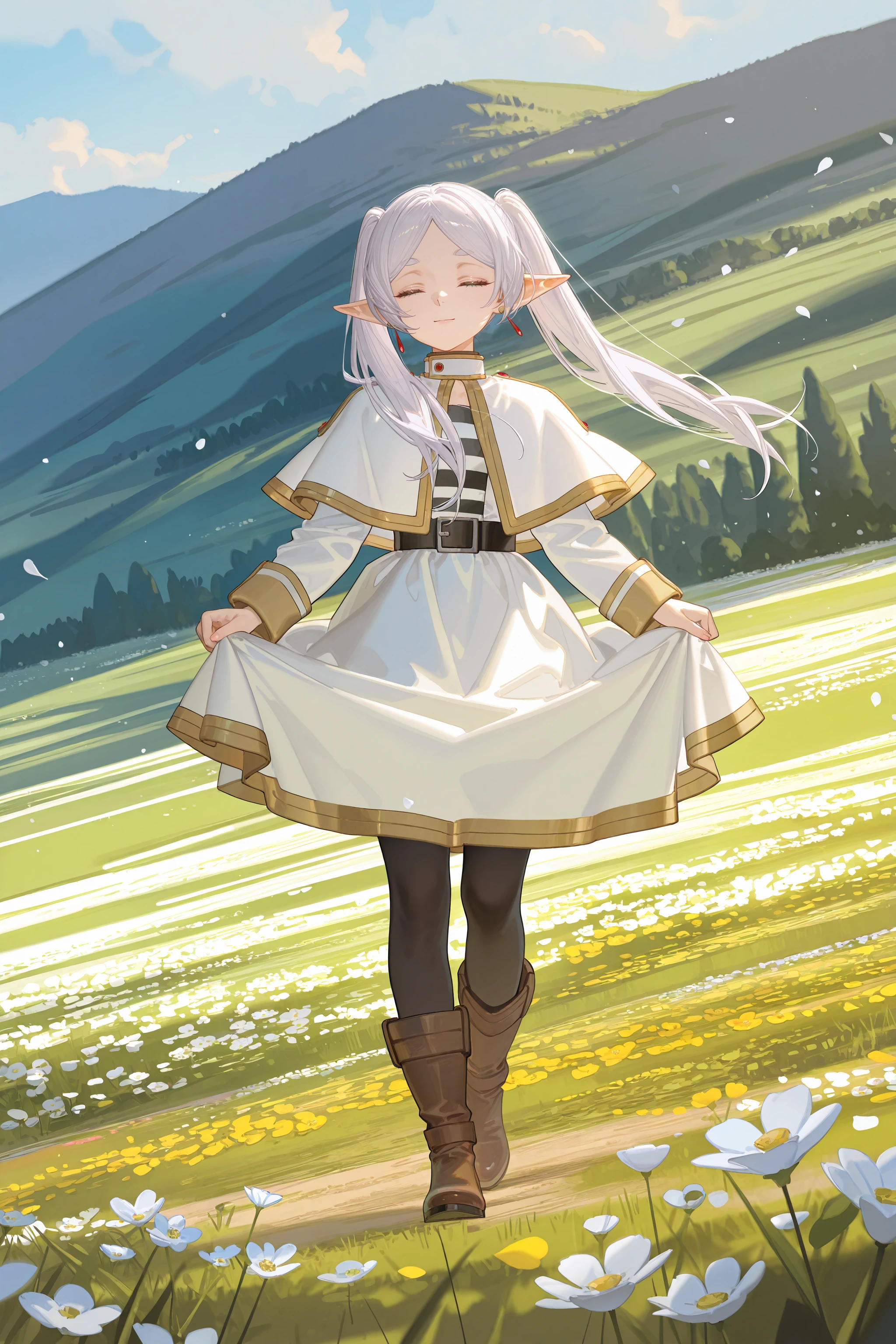 1girl, frieren, solo, twintails, earrings, black pantyhose, black belt, capelet, white skirt set, striped shirt, white jacket, brown boots, full body, (curtsey, skirt hold), floating hair, petals, flower field, scenery, outdoors, depth of field, ecstasy, gasping, light smile <lora:Char-Frieren-IL-V1:0.8:hr=0.6>, ciloranko, alphonse \(white datura\), ask \(askzy\), gomzi, you shimizu
masterpiece, best quality, amazing quality, very aesthetic, absurdres, newest, (scenery, volumetric lighting), ray tracing, (bloom:1.4), cinematic