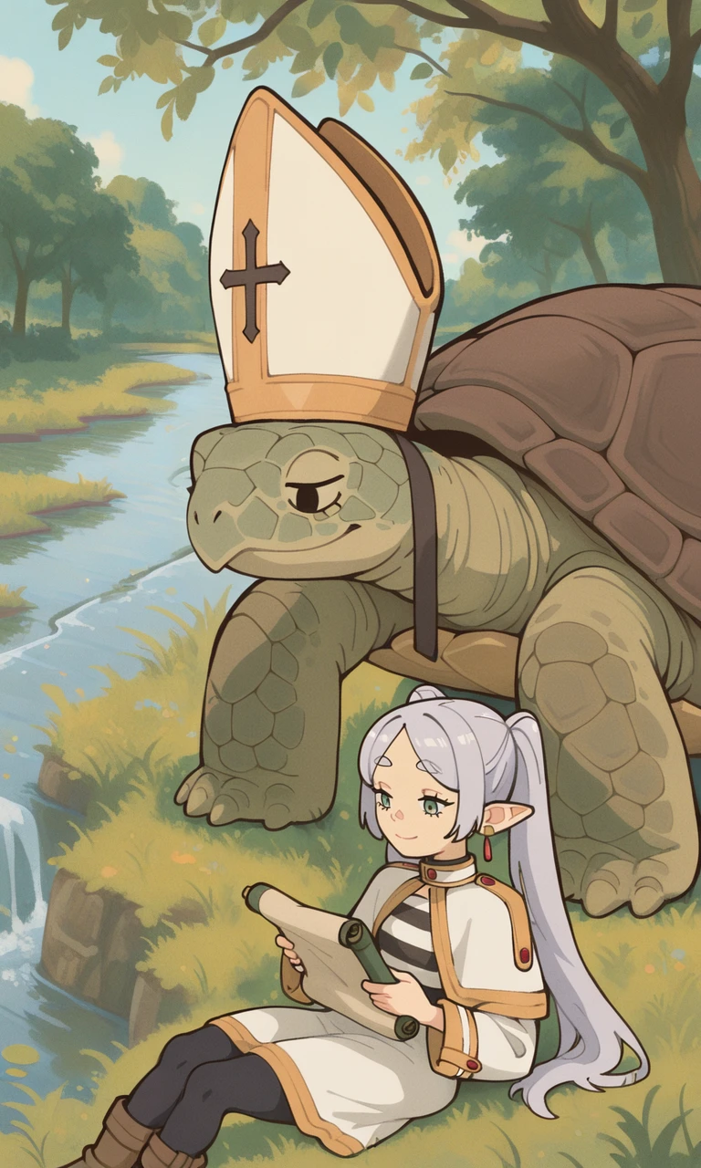 embedding:IllusP0s, wwafr, turtle pope, 1girl, frieren_\(sousou_no_frieren\), 1girl, sitting, smile, holding scroll, reading, outdoors, grass, river, trees, leaves,<lora:wwafr-10.safetensors:1.0:1.0> <lora:turtle_pope_r1.safetensors:1.0:1.0>