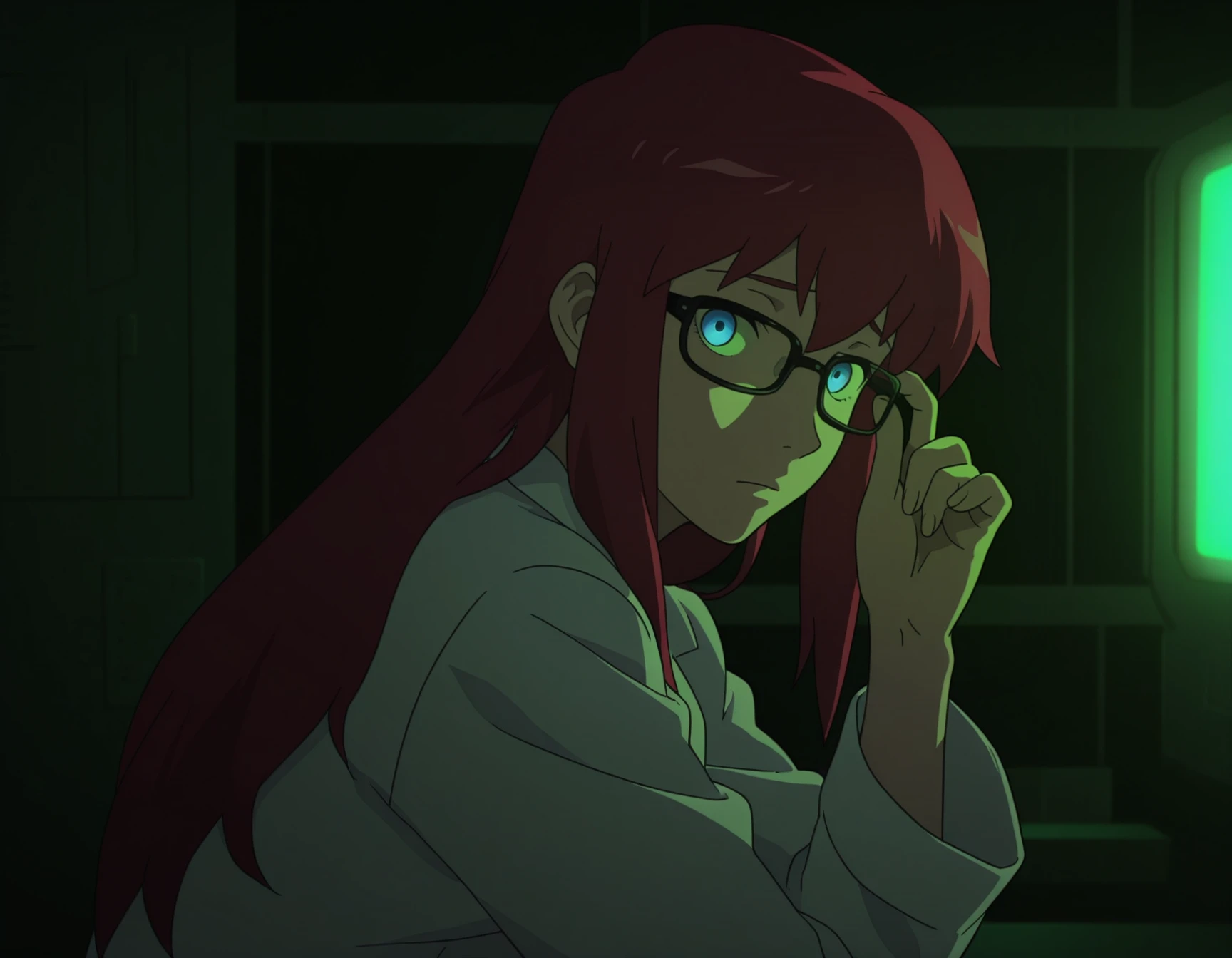 masterpiece, best quality, absurdres, very aesthetic, high quality, highres,
red hair, long hair, blue eyes, lab coat, black-framed eyewear,
indoors, dark background, green light,
1girl, solo, looking at viewer, expressionless, side view, raised eyebrows, adjusting eyewear,
<lora:ghostintheshell-standalonecomlpex:1> xgitsx,